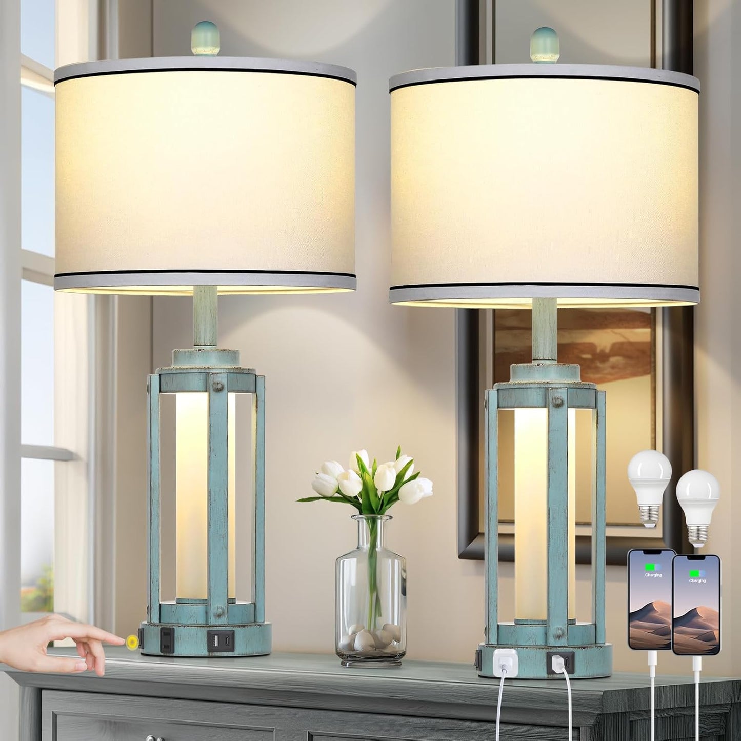 Farmhouse Lamps Set of 2, 26" Vintage Rustic Industrial Beside Lamps with USB A+C Charging Ports & AC Outlet, Nightstand Metal Lamp with LED Night Light & Fabric Shade for Living Room Bedrooms Blue