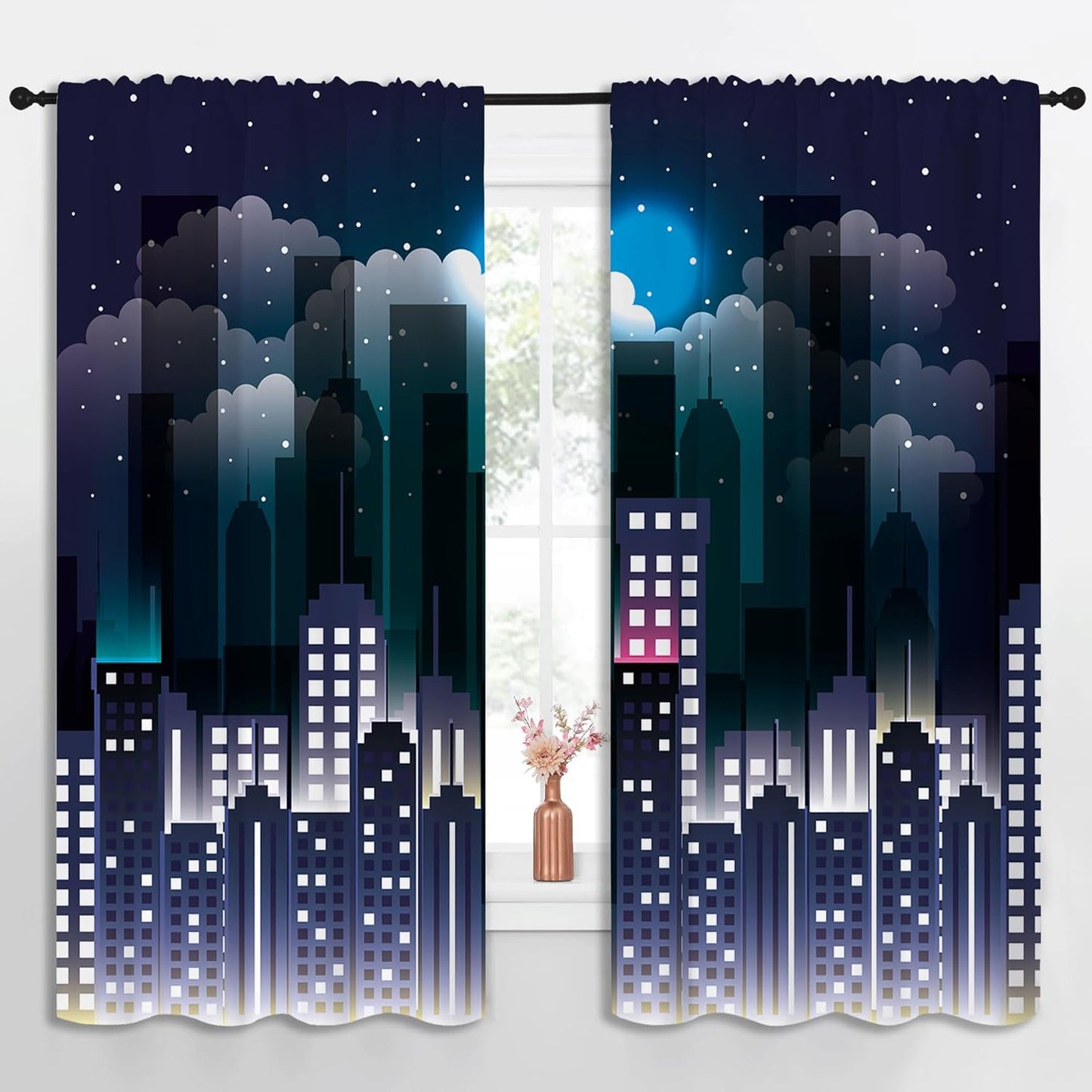 Superhero Rod Pocket Blackout Curtains for Boy Girl Bedroom, Violet Night Sky Buildings Cityscape Thermal Insulated Home Window Drapes for Living Room Darkening, 55x63 inch