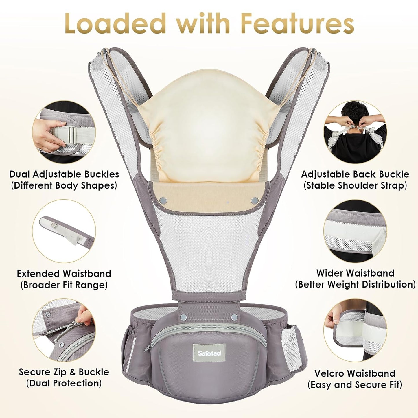 Baby Carrier Newborn to Toddler, Lightweight Ergonomic Baby Hip Seat Carrier Up to 33lbs, Adjustable Extended Waistband Infant Carrier with Breathable Sunshield, Light Grey