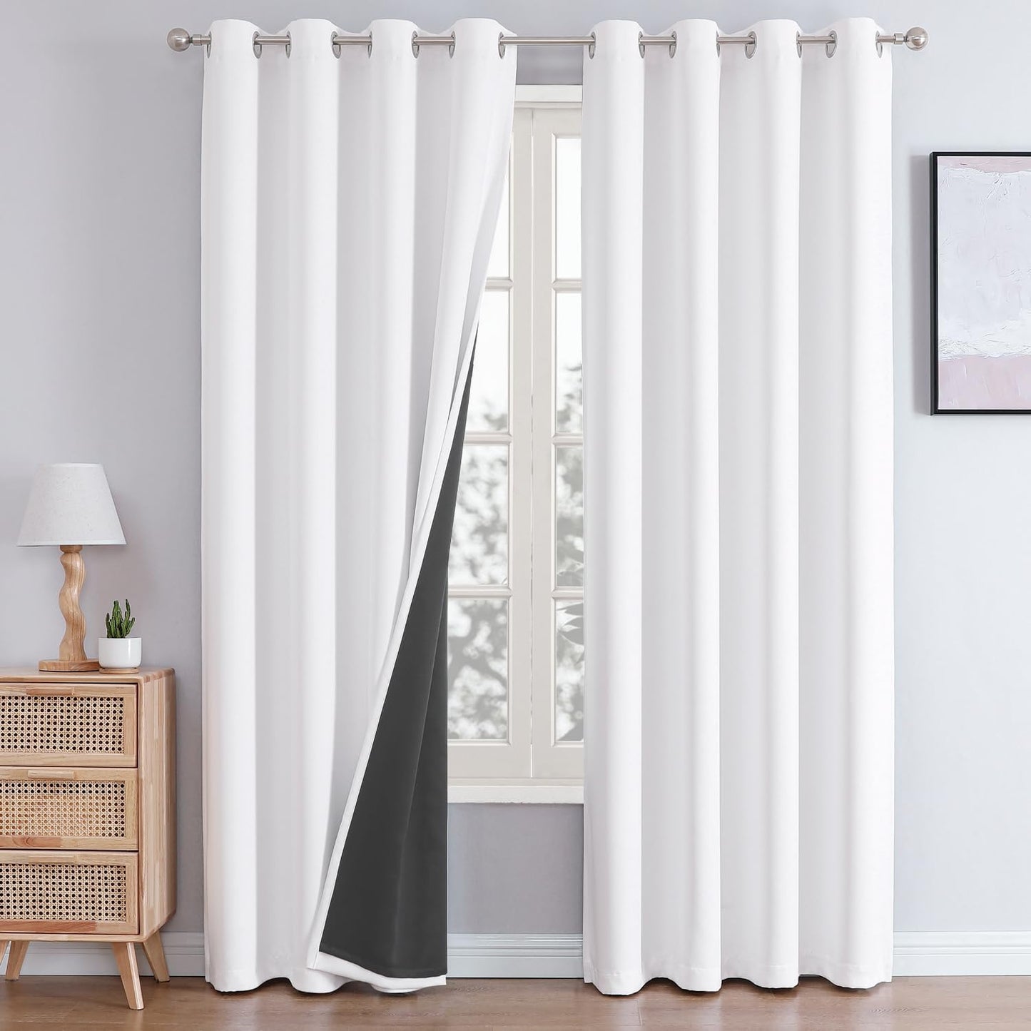 ChrisDowa White 100% Blackout Curtains 108 inch Long for Bedroom with Black Liner, 2 Thick Layers Total Blackout Thermal Insulated Grommet Window Curtains 2 Panels Set (Pure White, 52 x 108 Inch)