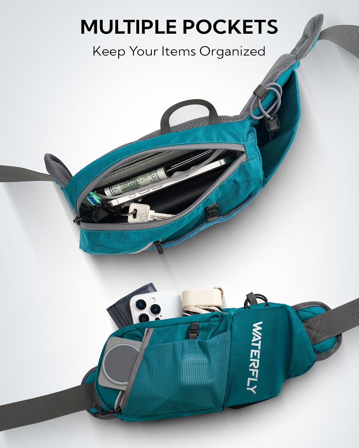 WATERFLY Fanny Pack Waist Bag: Hiking Water Bottle Holder with Strap Waist Pack for Women Men Hydration Hip Packs for Running Walking Traveling-Cyan