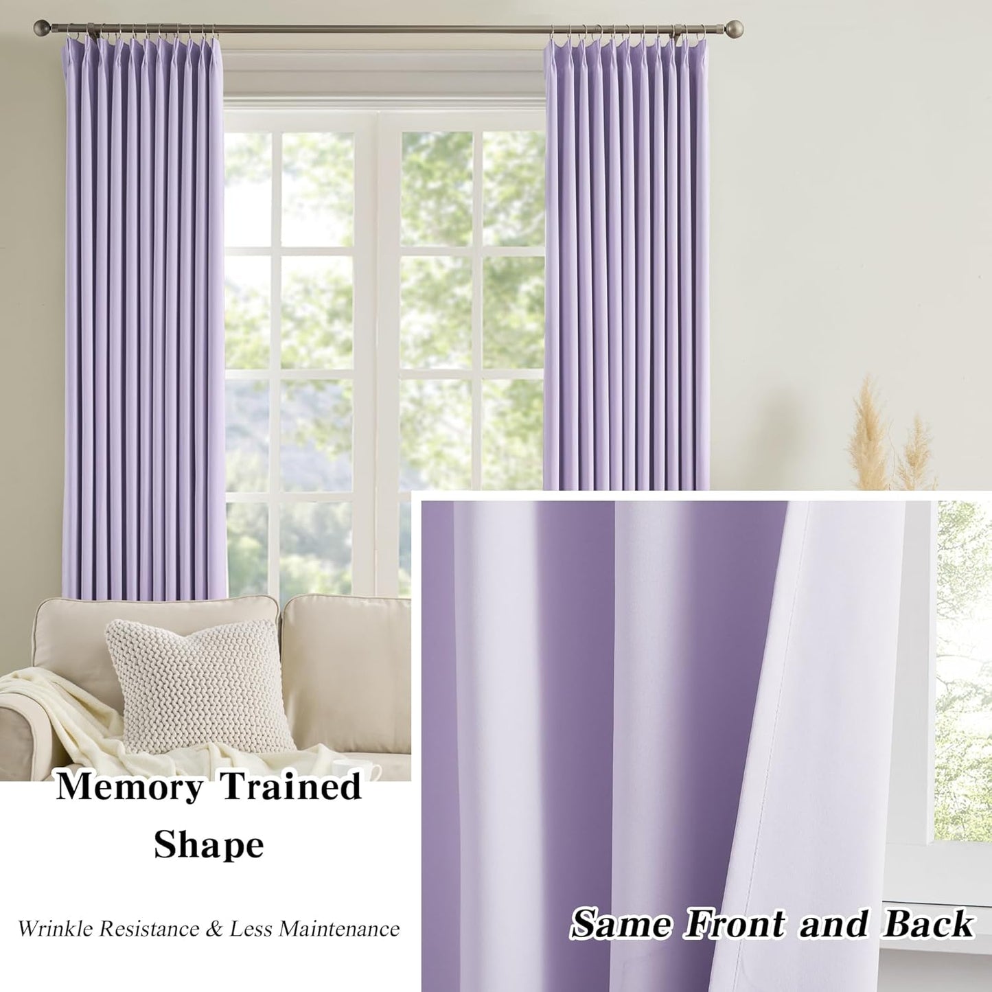 KEQIAOSUOCAI Pinch Pleated Curtains 120 Inches Long, Energy Saving Window Treatment Privacy Drapery for Living Room, Vertical Track System Elegant Hook Panels(Lavender, 2 Pieces, W40 x L120)