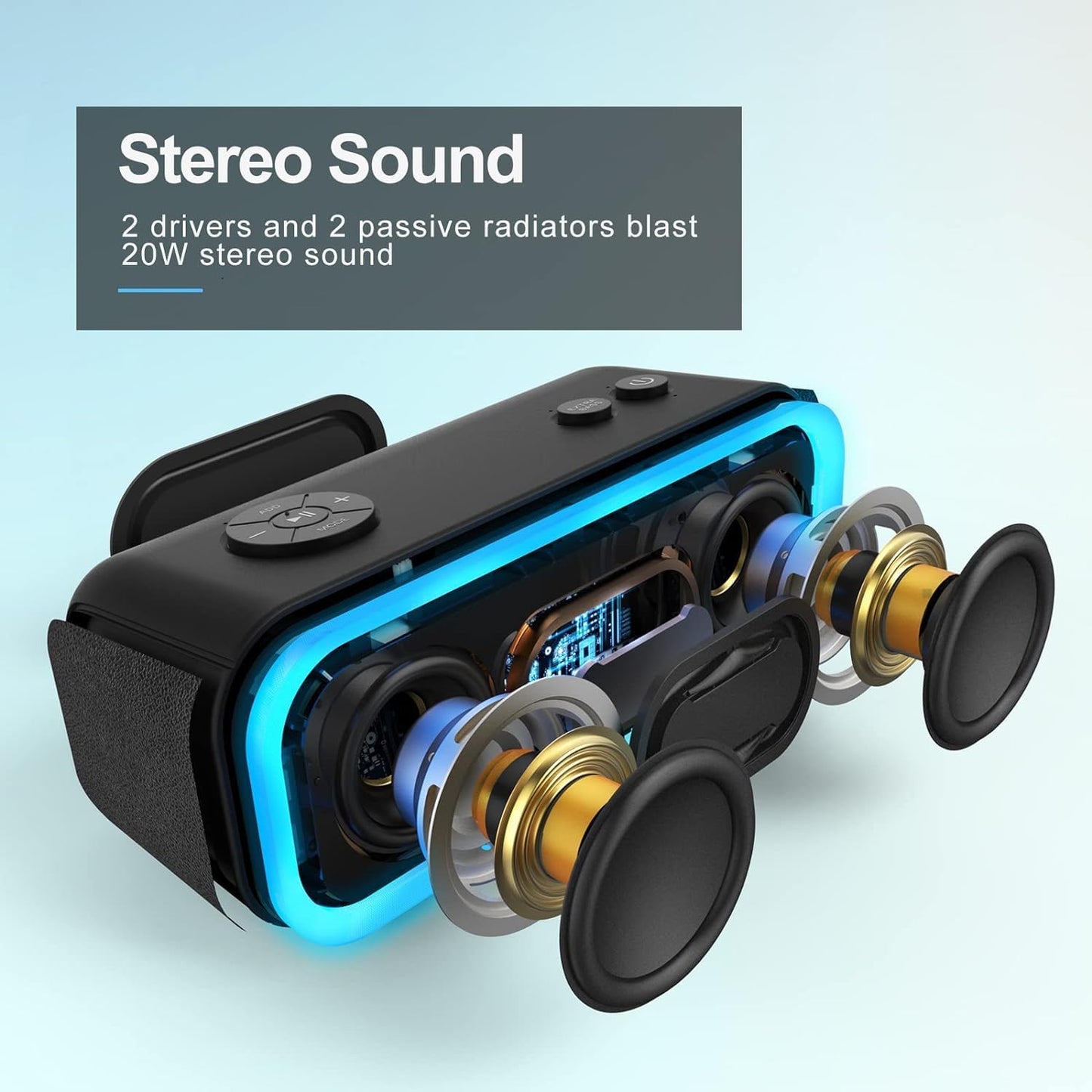 DOSS SoundBox Pro Bluetooth Speaker with 20W Stereo Sound, Active Extra Bass, IPX6 Waterproof, TWS Pairing, Multi-Colors Lights, 20H Playtime, Portable for Beach, Outdoor-Grey