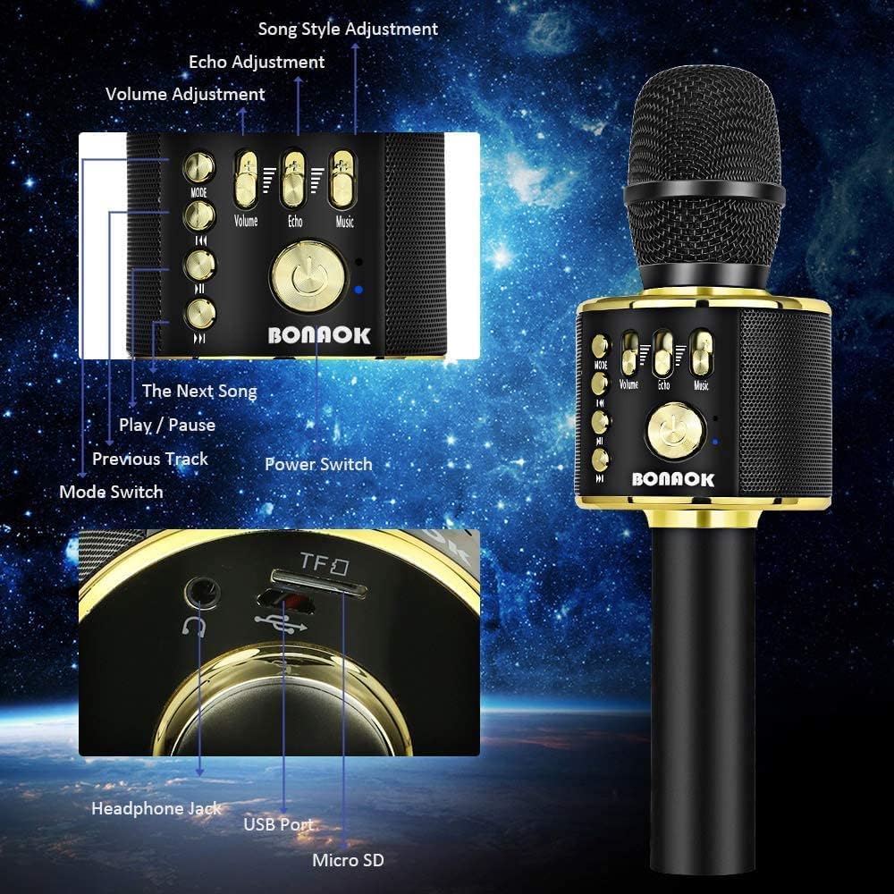 BONAOK Wireless Bluetooth Karaoke Microphone, 3-in-1 Portable Handheld Mic Speaker Machine for All Smartphones, Gifts to Girls Boys Kids Adults All Age Q37(Black Gold)