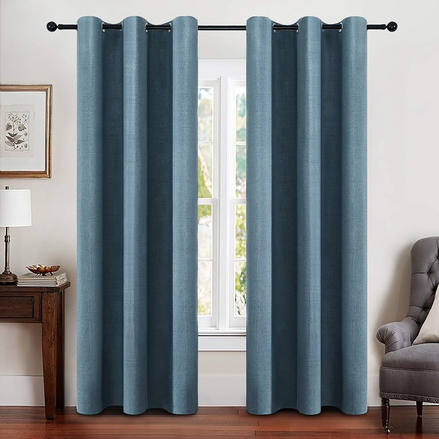 MIULEE Linen Blackout Curtains and Drapes 100% Room Darken Thermal Insulated Grommet Window Panels with Coating 2 PCs W 42 x L 84 inches Dusty Blue