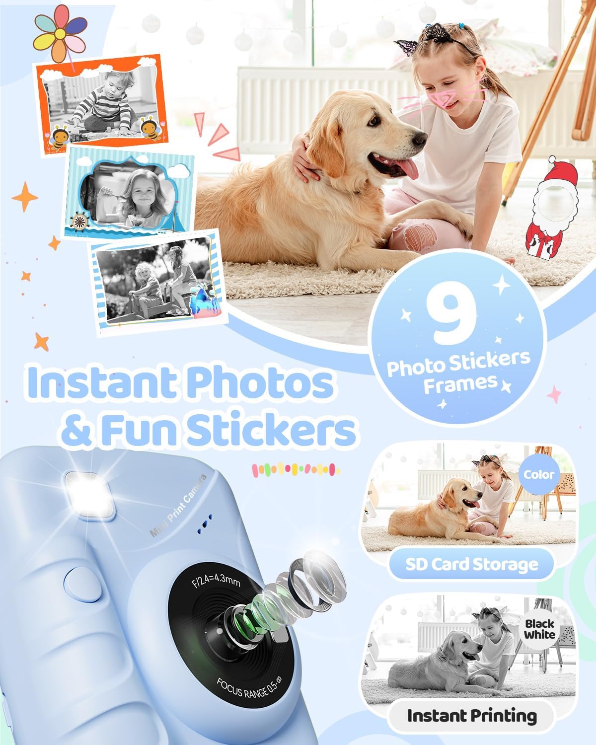 Kids Camera Instant Print for Girls Ages 3-14, 3-inch HD Screen Camera for Kids with Printing Paper, 1080P Digital Toddler Toys for 4 5 6 7 8 9 10 11 12 Years Old (Blue)