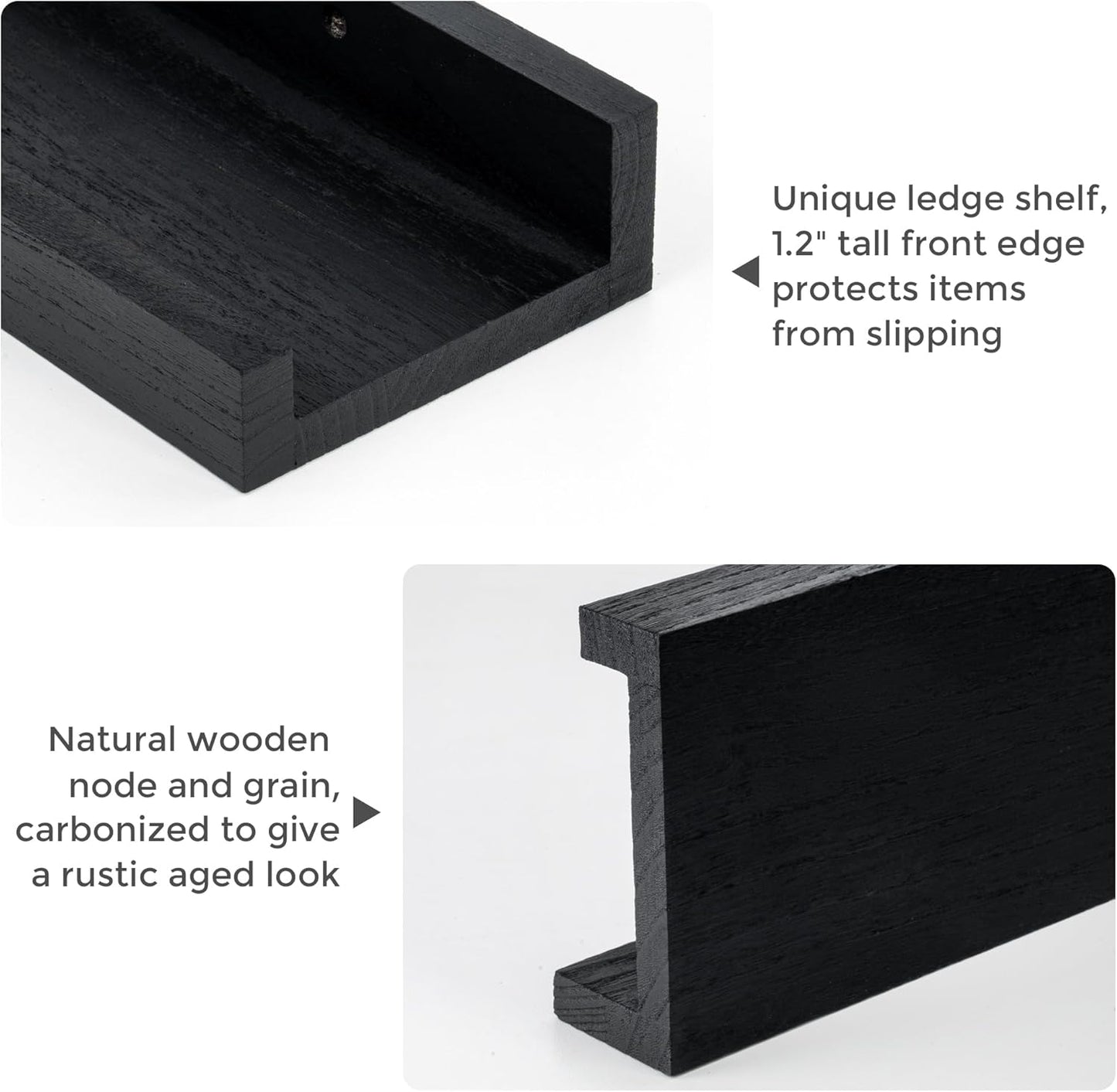 Fun Memories Floating Shelves Wall Mounted 36 Inch Long, Black Picture Shelves for Wall with Ledge, Solid Wood Wall Shelves with Lip Set of 4 for Bedroom, Kitchen, Bathroom