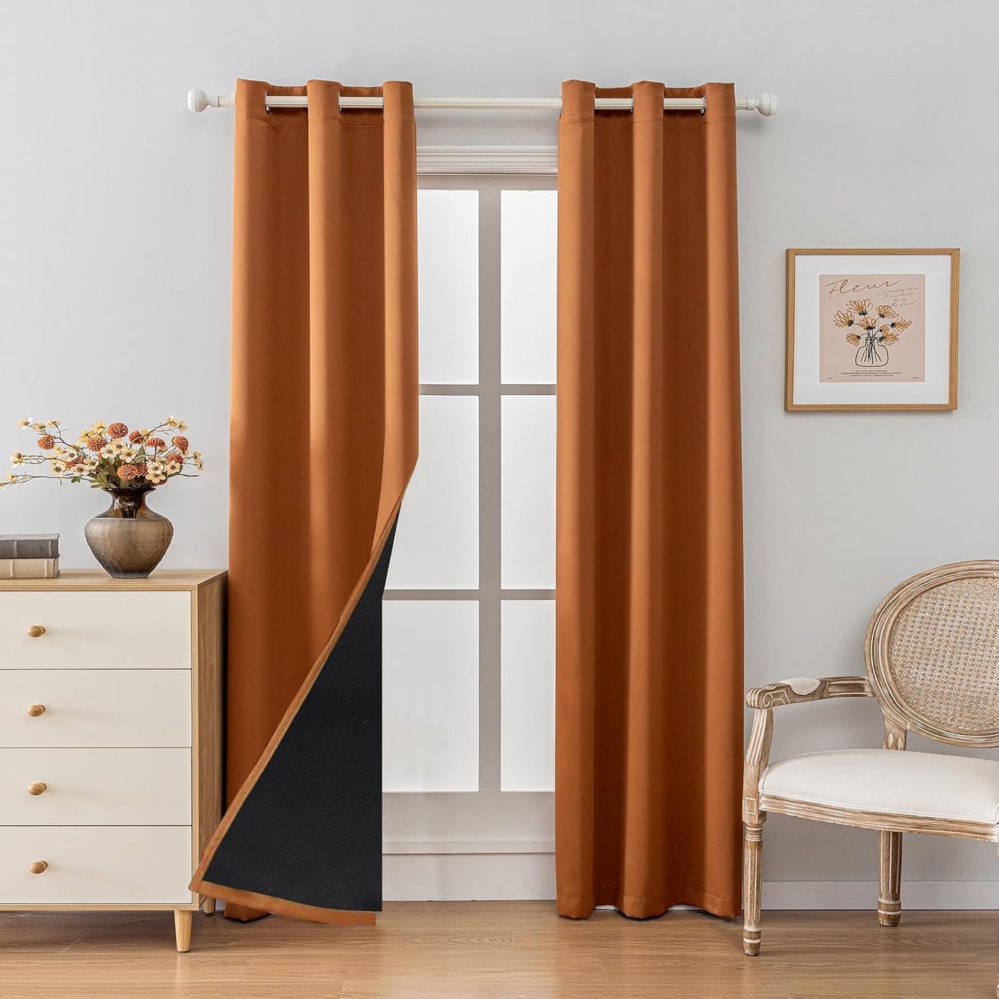 Anytime 100% Blackout Curtain Set, Thermal Insulated & Energy Efficiency Window Draperies for Guest Room, Full Shading Panels for Shift Worker and Light Sleepers（Orange, 2 Panels, 42W x 84L）