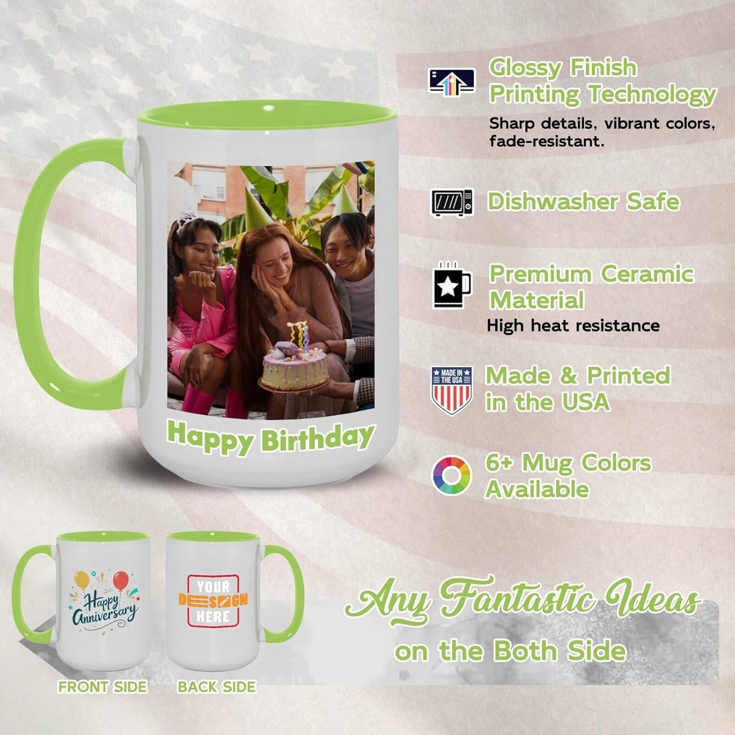 Ship Next Day Custom Mug Design Your Own Photo Text Personalized Picture Gifts for Women Men Customized Gifts Idea Personalized Coffee Mugs 15oz Light Green Handle