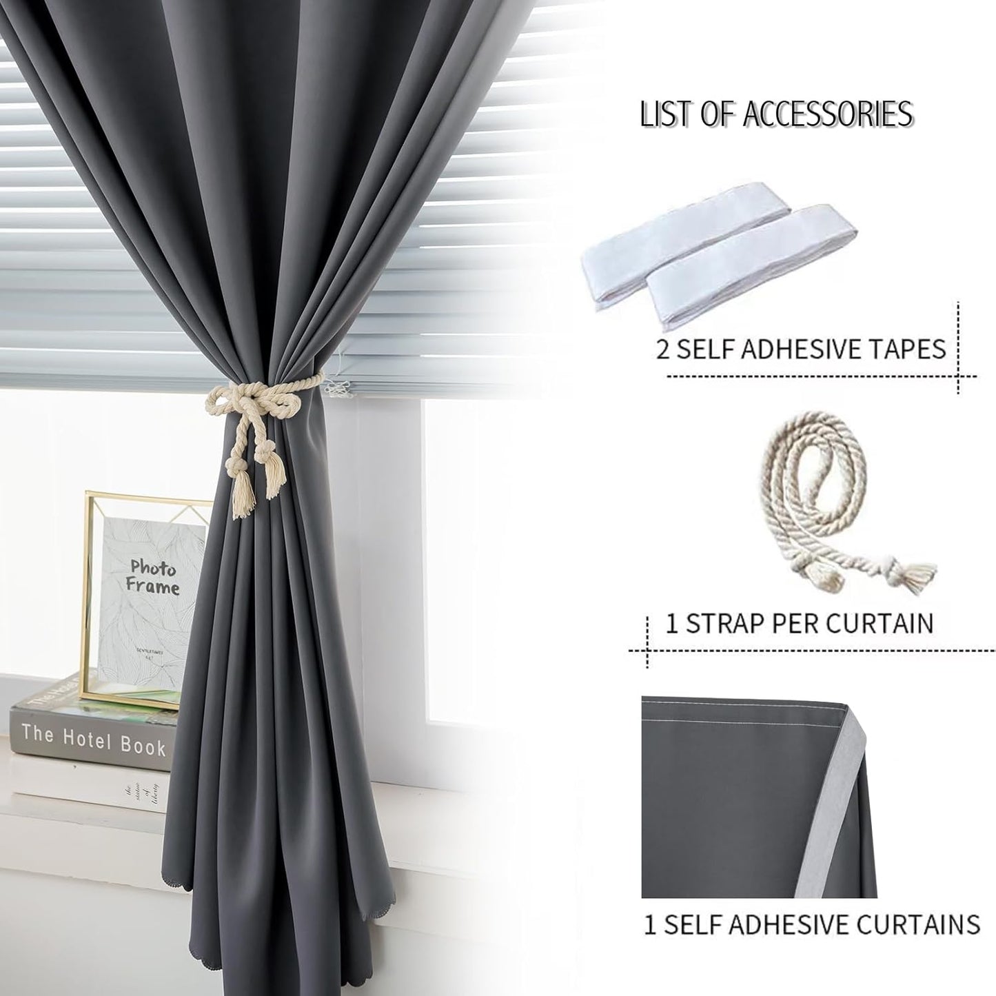 Magic Tape Stick On Curtains Window Shades Pull Down Blackout Window Cover Blackout Curtains for Bedroom No Drillng Self Adhesive Curtains No Rod Small Curtain, 47" W X 71" L, Grey, 1 Panel
