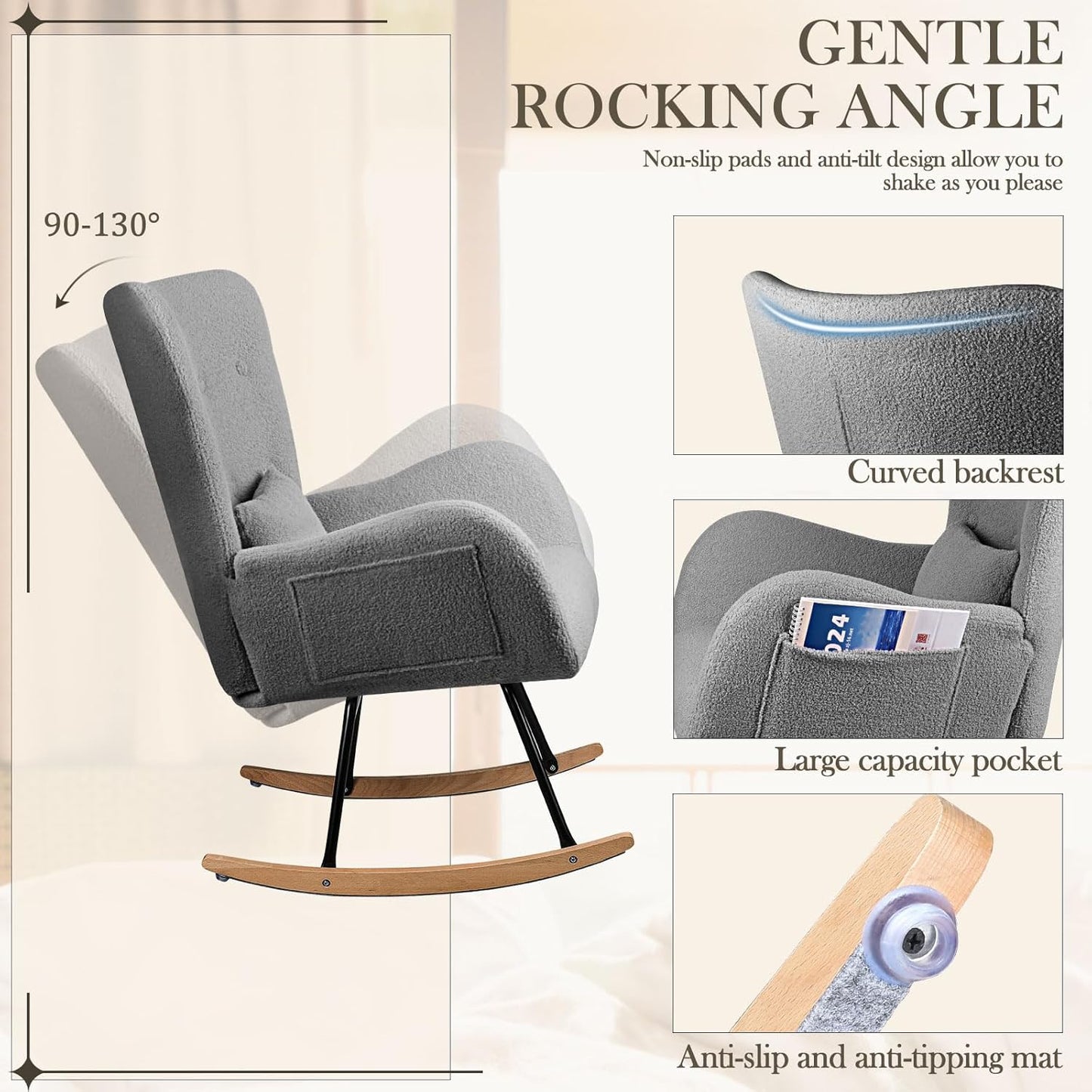 Waleaf Teddy Upholstered Rocking Chair Indoor with High Backrest Glider, Padded Seat Nursing Chair Comfy for Bedroom (Gray)