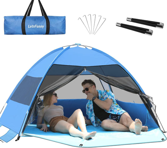 Large Easy Setup Beach Tent,Anti-UV Beach Shade Beach Canopy Tent Sun Shade with Extended Floor & 3 Mesh Roll Up Windows Fits 3-4 Person,Portable Shade Tent for Outdoor Camping Fishing