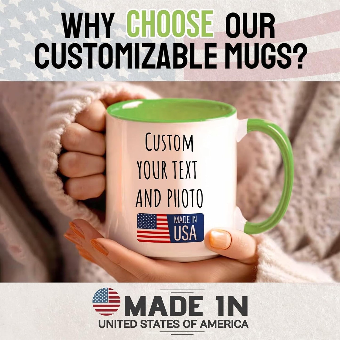 Ship Next Day Custom Mug Design Your Own Photo Text Personalized Picture Gifts for Women Men Customized Gifts Idea Personalized Coffee Mugs 15oz Light Green Handle