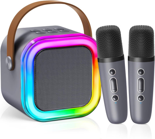 【2025 Newest】 Mini Karaoke Machine for Kids Girls & Boys - Portable Bluetooth Speaker with 2 Wireless Microphones - Kids Birthday Gifts for Ages 4-10 - Kids' Instrument Accessories - Space Gray