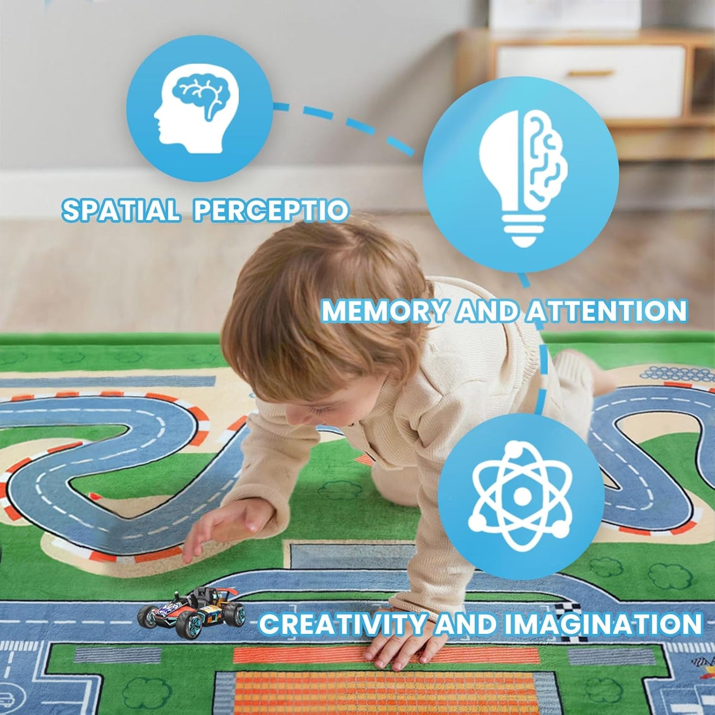 Kids Play Rug with Roads, 79"×118" Large Floor Mat Toy Cars Race Track for Classroom 1.3" Thickened Elasti-Foam Activity Education Baby Play Mat with Anti-Slip Backing