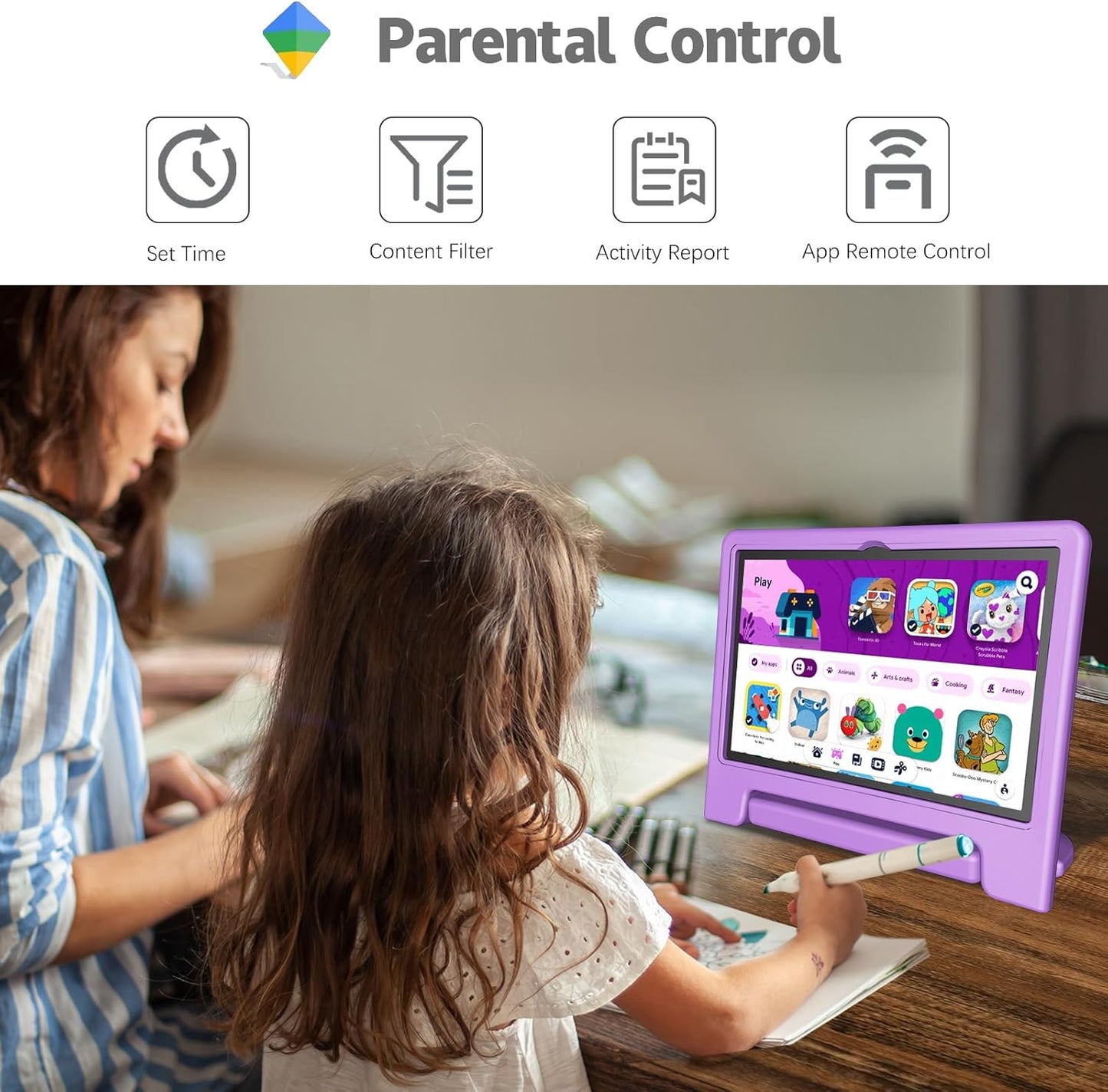 Tablet for Kids, 10 Inch Kids Tablet Android, 64GB, Octa-Core, WiFi 6, Big Battery, Google Kids Space, Parental Control 1280 * 800 HD Display Light Purple