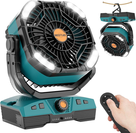 Camping Fan Portable 20000mAh Oscillating Battery Powered Fan Rechargeable Camping essentials Tent Light Hook 270° Pivot Battery Operated USB Desk X68 Cyan