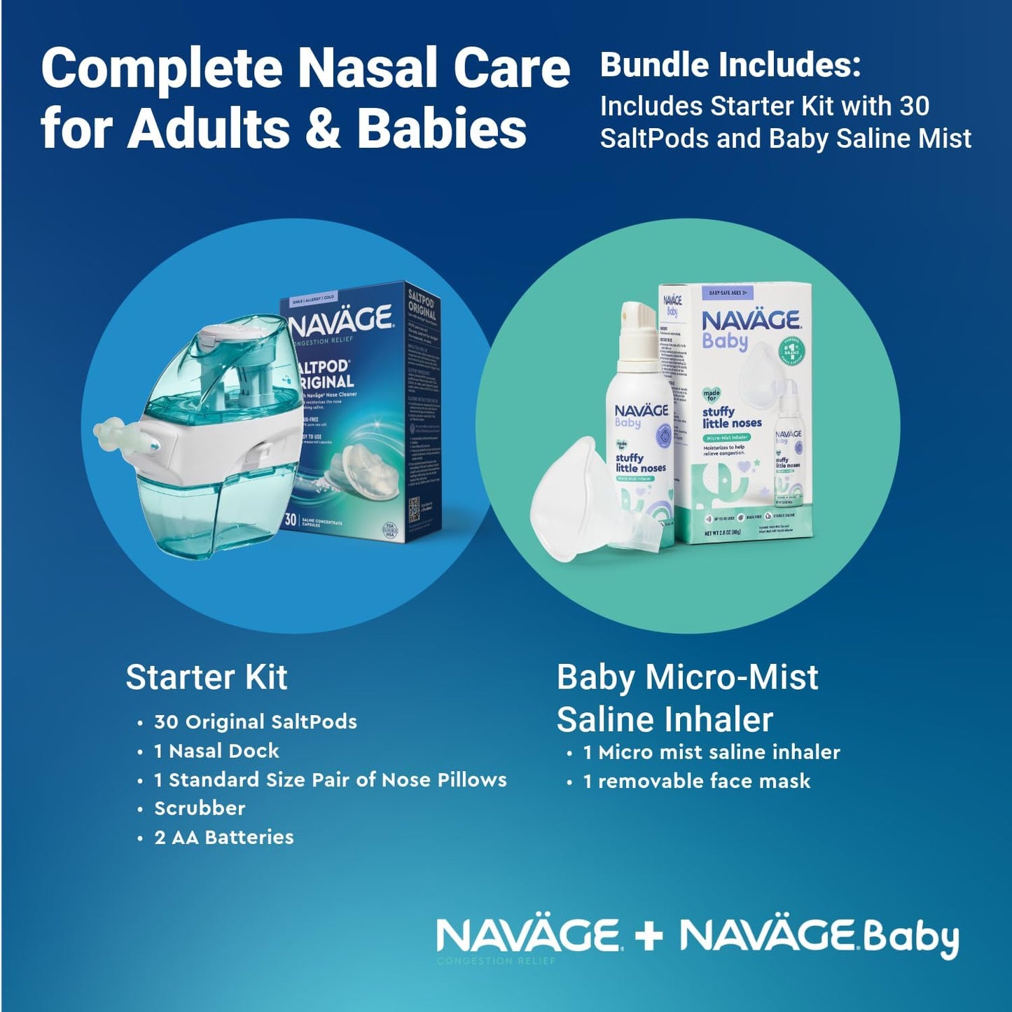 Navage Starter Kit with 30 SaltPods and Baby Mist Bundle – Natural Nasal Irrigation for Adults and Continuous Saline Mist for Baby Congestion Relief