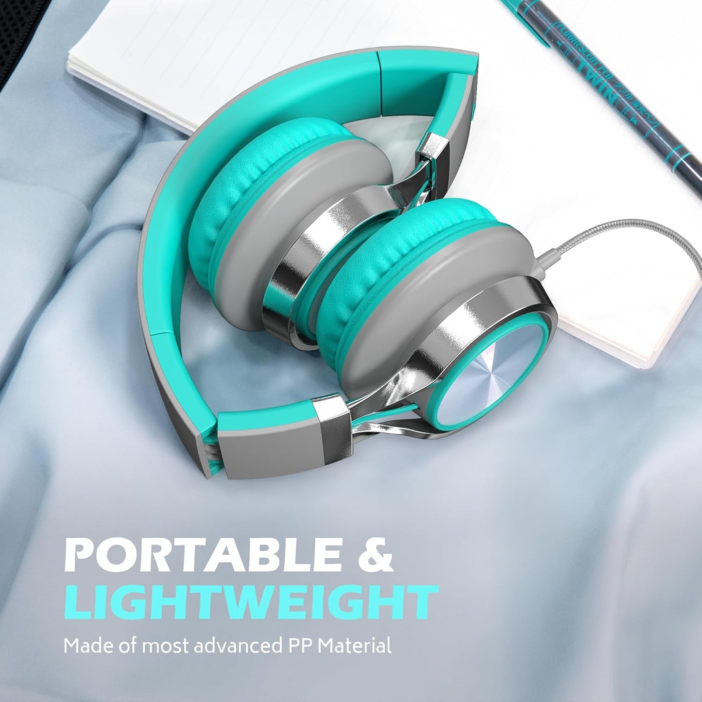 AILIHEN C8 Wired Headphones with Microphone and Volume Control Folding Lightweight Corded Headset for Cellphones Tablets Chromebook Phones Smartphones Laptop Computer PC Mp3/4 (Grey/Mint)