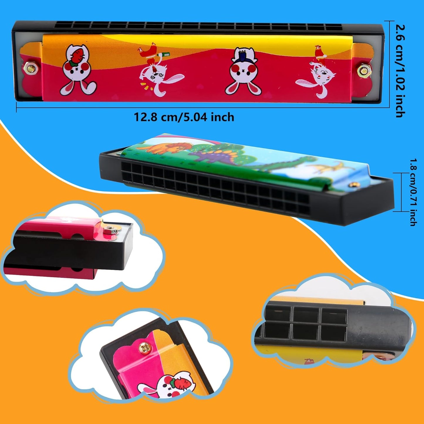80 Pcs Children's Harmonica Bulk - 16 Hole Plastic Cartoon Harmonica Toy for Kids - Musical Instrument for Birthday Party Favors, Random Color Pattern