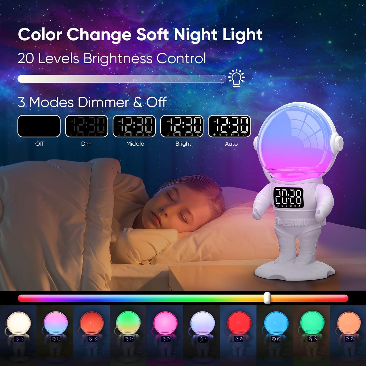 Astronaut Sunrise Alarm Clock for Kids, White Noise Sound Machine with 30 Soothing Sounds, 22 Dimmable Nightlights, Bluetooth Speaker, Dual Digital Alarm Clocks, Wake Up Light for Bedroom, Adults