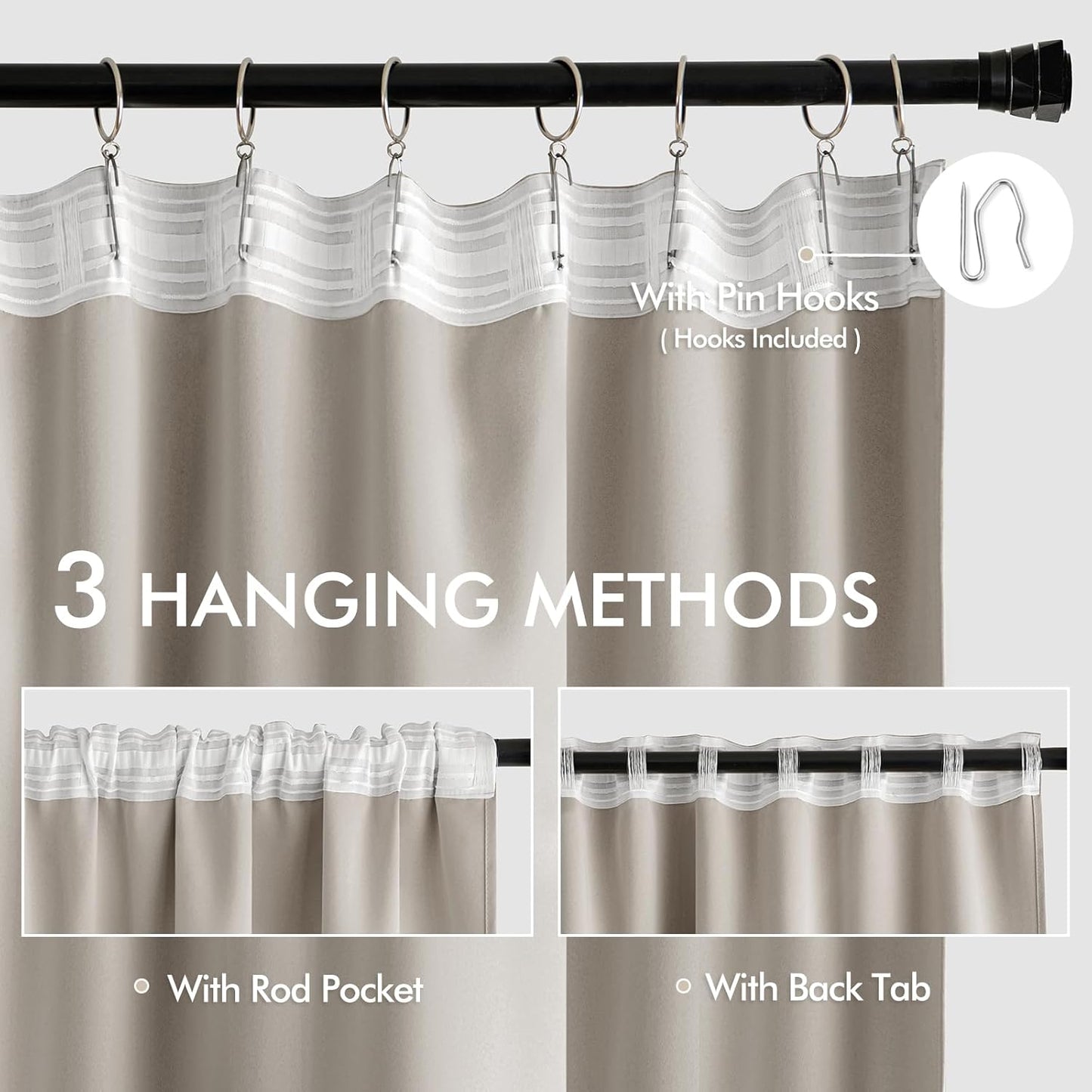 MIULEE Natural Back Tab Blackout Curtain 96 Inch Long 2 Panels Set for Bedroom, Rod Pocket/Pinch Pleat Thermal Insulated Living Room Darkening Pleated Light Blocking Floor to Ceiling Drape