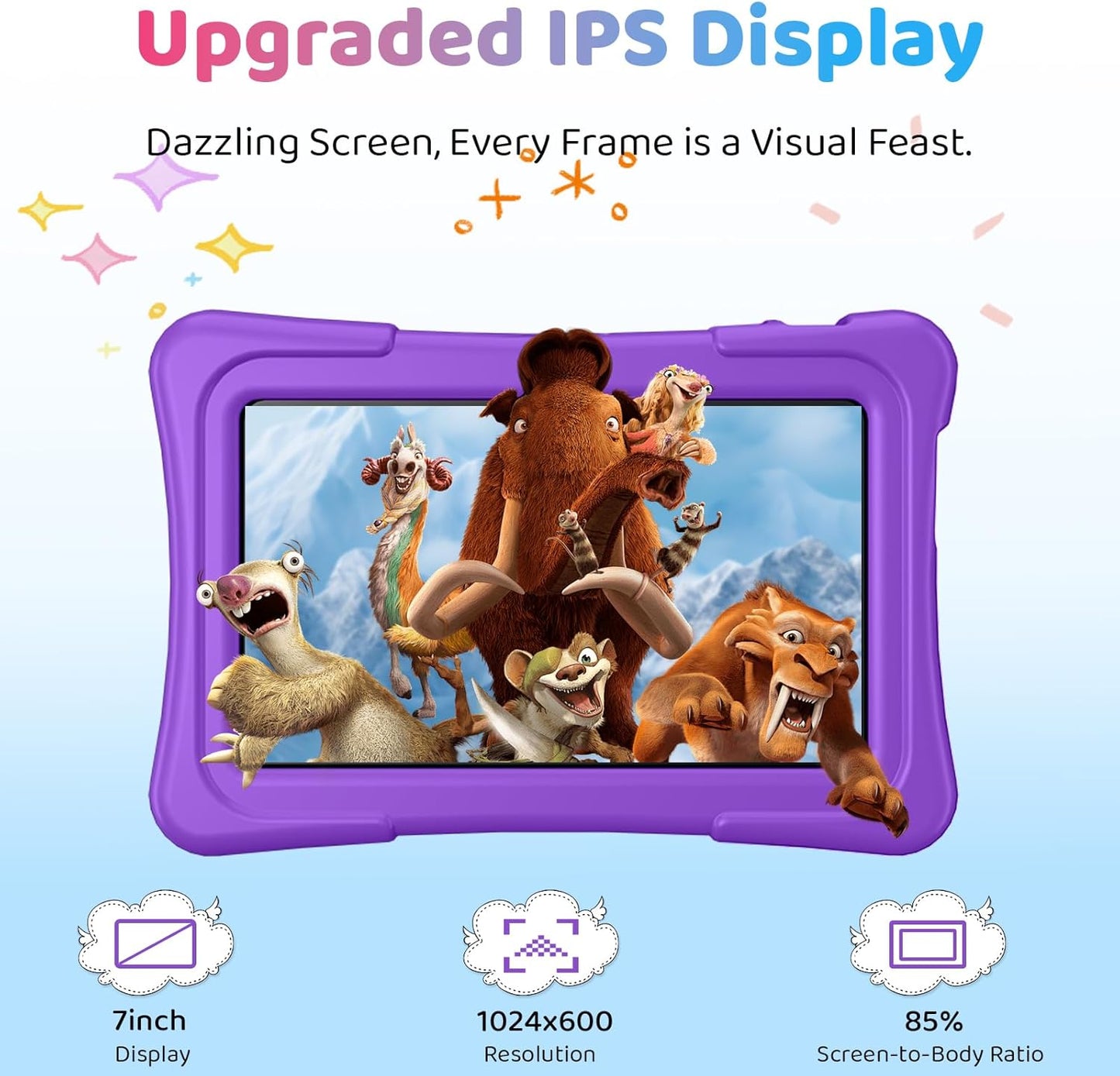 Kids Tablet, 7 inch Android 15 Tablet for Kids, 8GB+32GB 1TB Expand, Quad-Core Toddler Tablets with Shockproof Case, BT5.0, WiFi 5, Parental Control, Games, Dual Camera (Purple)