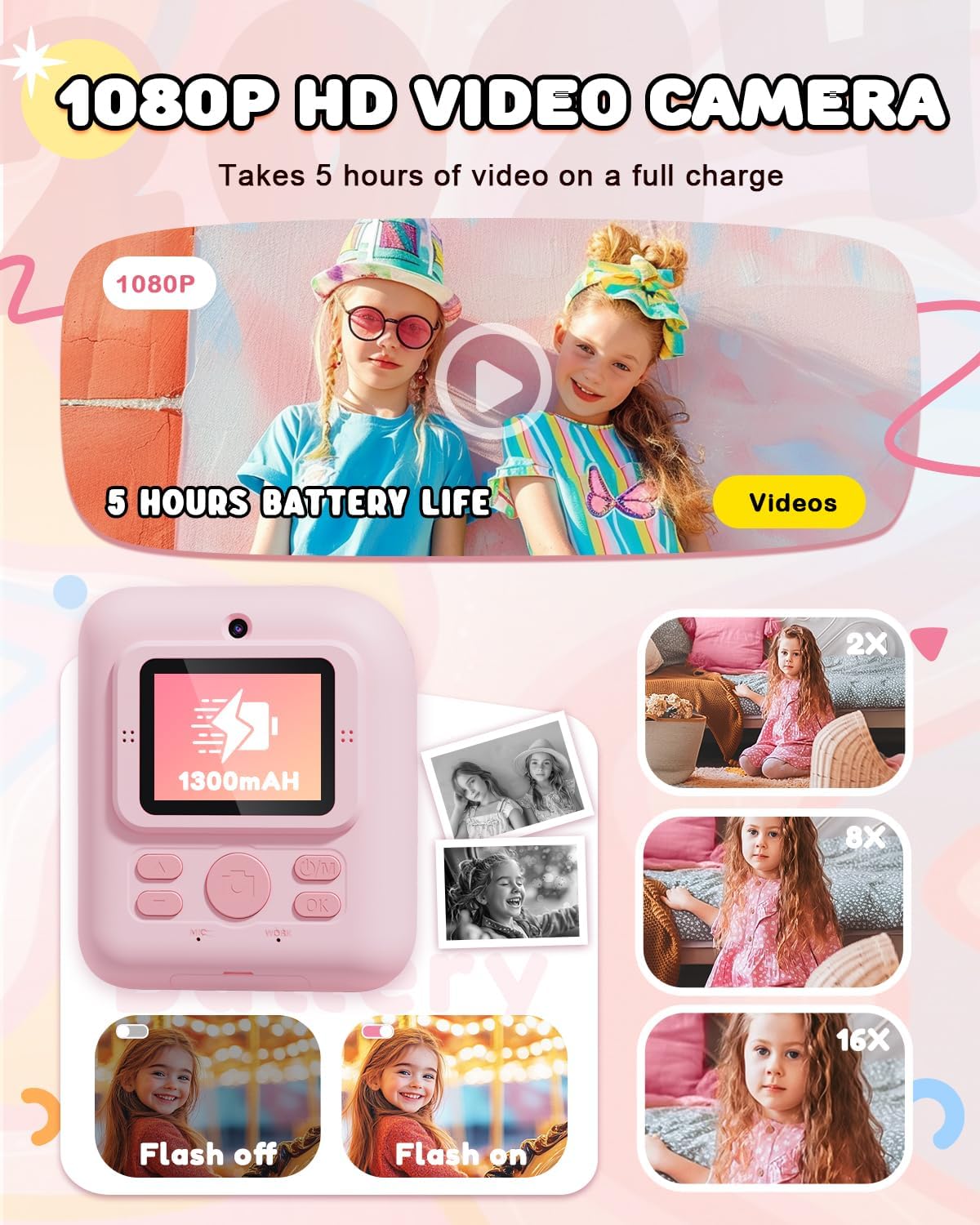 JOYJAM Kids Camera Instant Print, Upgrade Dual-Lens Selfie Digital Camera for Kids, HD 1080P, Christmas Birthday Gifts Toys for Girls Age 3-12, Toddler Portable Toy with SD Card 3 Rolls Print Paper