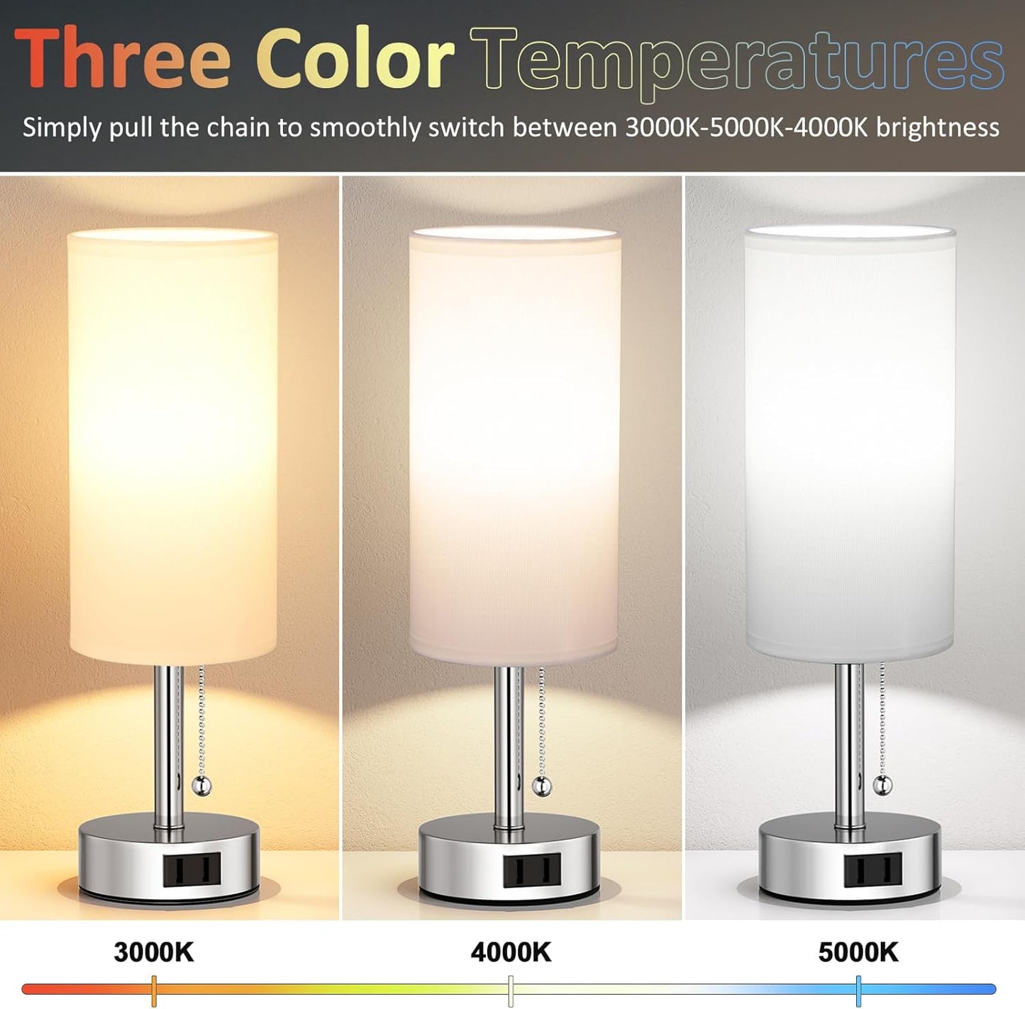 White Silver Bedside Table Lamps Set of 2-3 Color Temperatures Pull Chain Lamp with AC Outlet Charging Port, Two Round Night Stand Lamps for Bedroom, Small Bed Side Light with E26 LED Bulbs