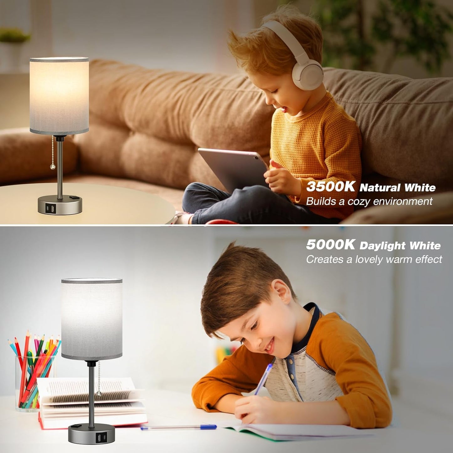 Small Bedside Table lamp for Bedroom - 3 Color Temperatures Bedside Lamps with USB Ports for Housewarming, Pull Chain Table Lamps with AC Outlet, Nightstand Lamps for Kids Reading