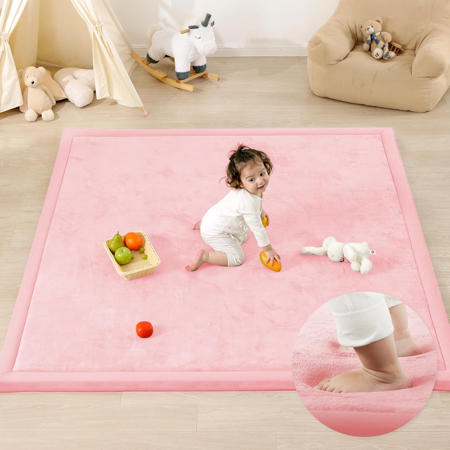Ultra Soft Baby Play Mat,79"×79" Extra Large Activity Tummy Time Mat for Toddlers,Infants,Kids,1.3" Thick Elasti-Foam Nursery Rug for Floor,Non-Slip Safe for Crawling,Water-Repellent(Pink)