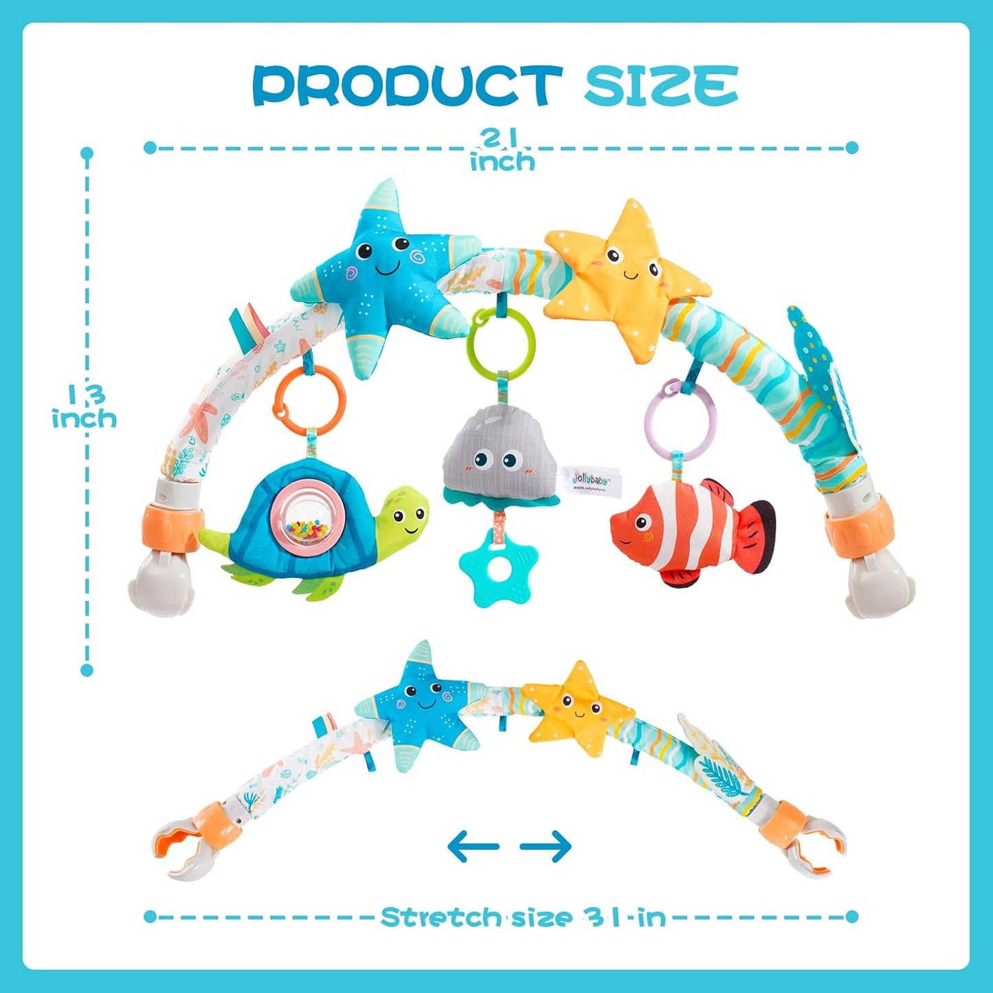 Jollybaby Musical Bassinet Stroller Crib Mobile Toy for Baby 0-6-12 Months, Infant Clip On Arch Hanging Toy with Music, Montessori Sensory Nursery Mobiles Attachment Toy for Newborn Gift - Starfish