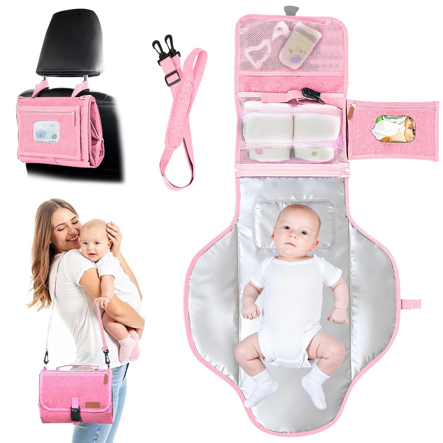 Portable Diaper Changing Pad - Baby Diaper Changer Travel Bag with Wipes Pocket, Smart Design Portable Changing Mat, Infant Travel Station Kit, Gift for Newborn Girl & Boy (Pink)