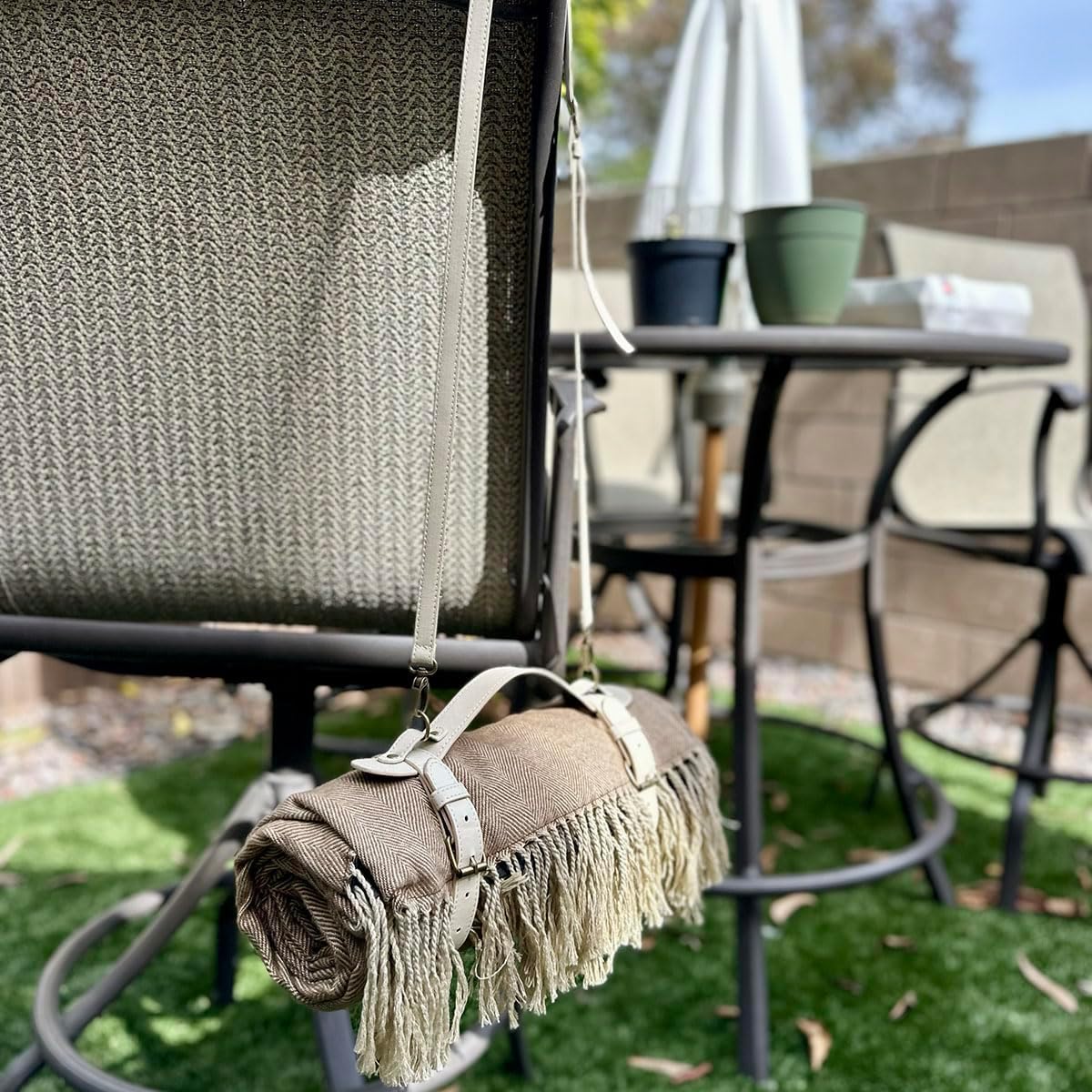 Picnic Blanket Extra Large Waterproof with Strap 59"x79" - Machine Washable Tassels Faux Wool Cashmere for Park, Grass, Camping, Hiking, Concerts (Deep Tan with white shoulder strap, 59"X79")