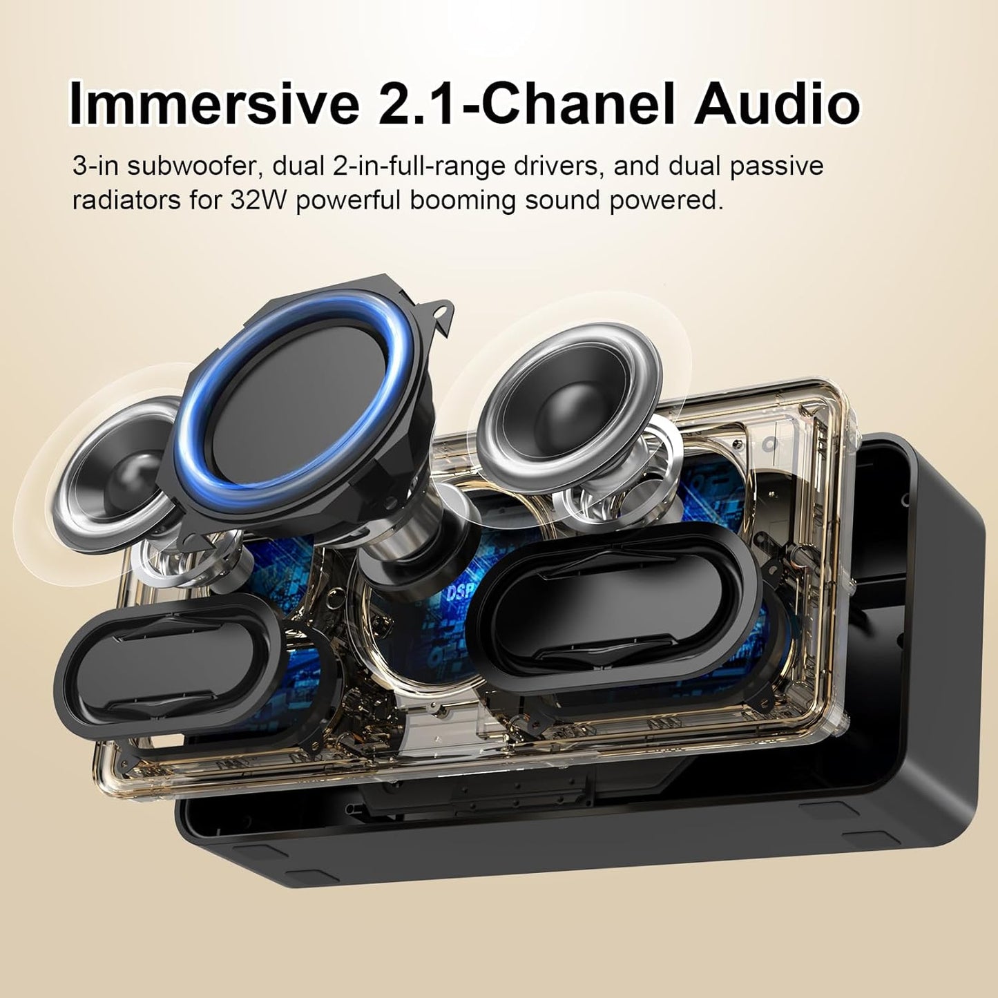 DOSS SoundBox XL Bluetooth Speaker with Subwoofer, 32W Loud Sound with Booming Bass, Dual DSP Technologies, 10H Playtime, USB-C, TWS, 2.1 Audio Channel for Home, Indoor and Office - Gold