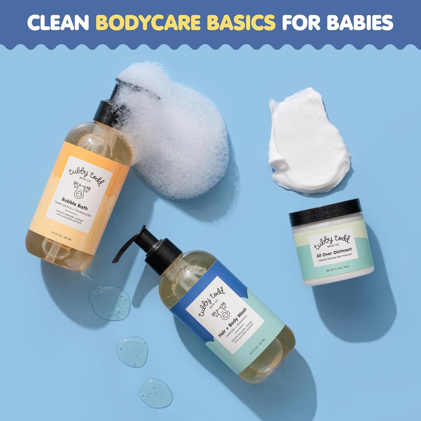 TUBBY TODD Essentials Baby Bath Gift Set – 8.5oz Hair+Body Wash, 8.5oz Bubble Bath & 3.5oz All Over Ointment
