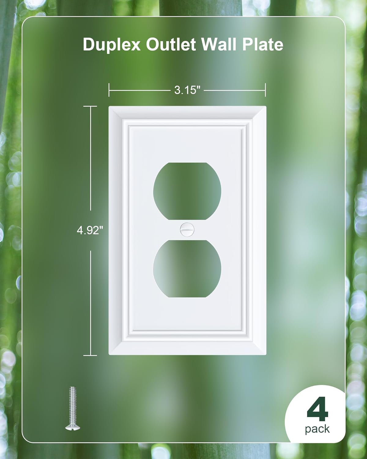 4-Pack Duplex Outlet Cover Plate, Decorative Pure White Switch Plates and Outlet Covers, Natural Bamboo Fiber Wall Plates for Electrical Outlets, 1 Gang Receptacle Cover, Corrosion Resistant