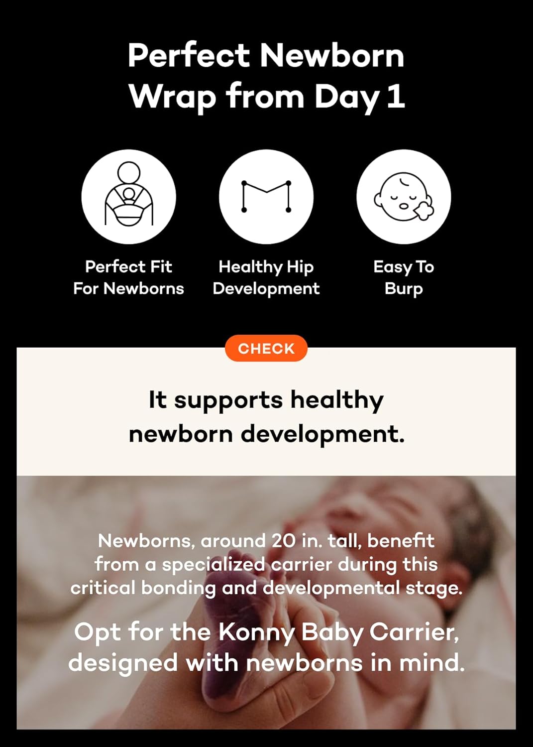 Konny Baby Carrier Flex SoftBreeze with Head Support - Adjustable, Easy to Wear Baby Wrap Sling, Perfect for Newborn Babies Essentials up to 44 lbs (XS-XL) - Black