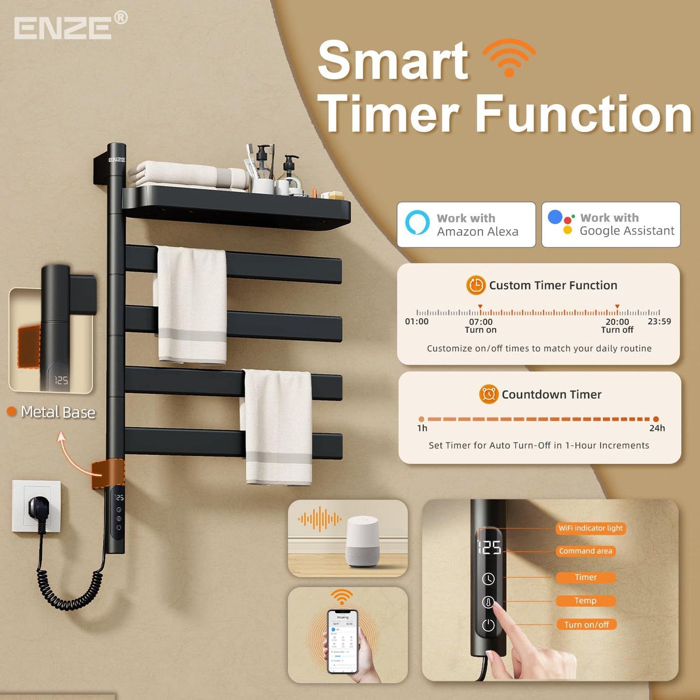 ENZE Smart Rotating Heated Towel Rack for Bathroom, Wall-Mounted Electric Towel Dryer with Swivel Bars & Shelf, Smart Timer, Low Carbon Steel, Plug-in/Hardwired, Towel Warmer with Wi-Fi App Control