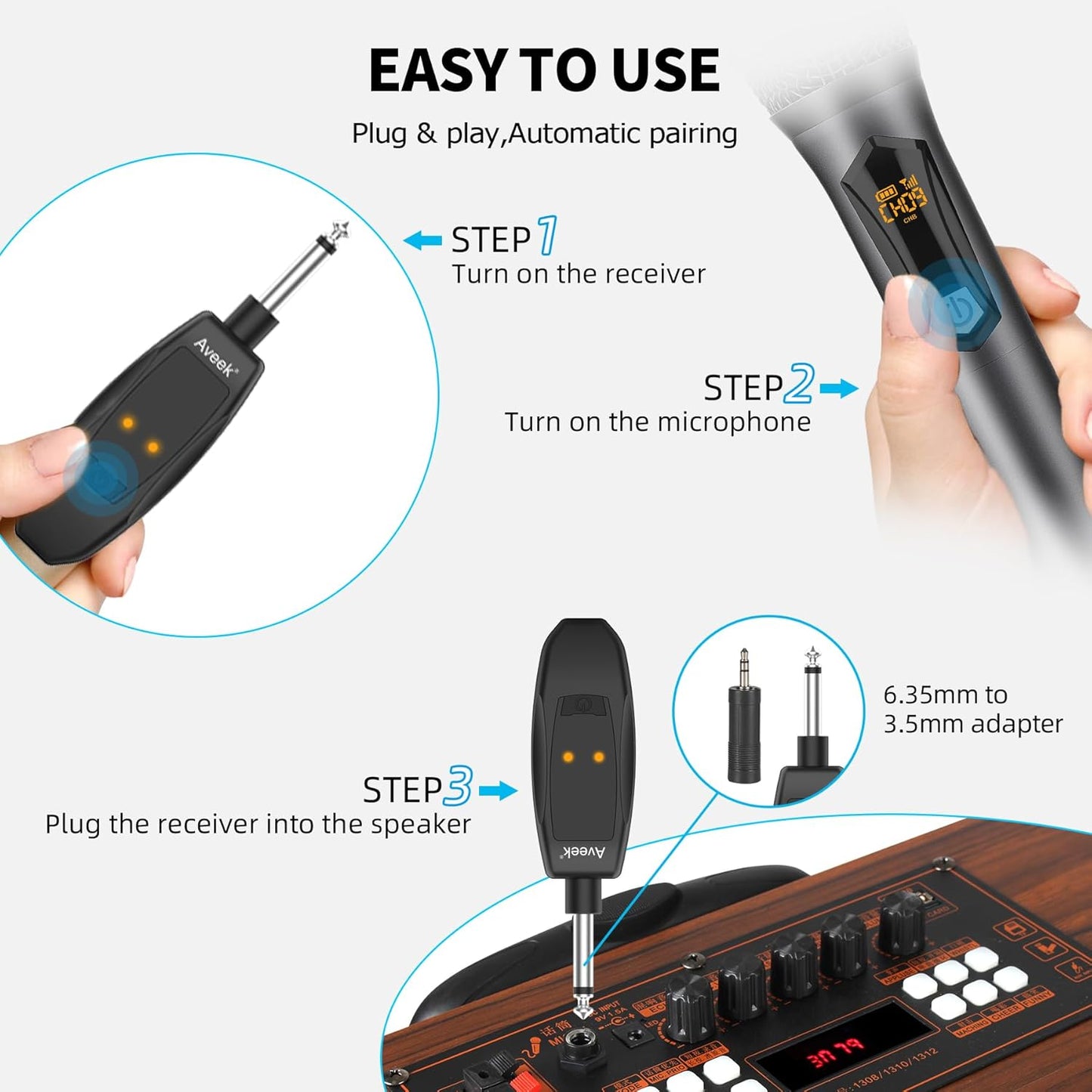 Aveek Wireless Microphone for Karaoke, 2.4GHz Rechargeable Karaoke Microphone(Work 10hs), for Speaker, Karaoke Machine,Church, Speech, Wedding, Party Singing, Grey,1 Pack
