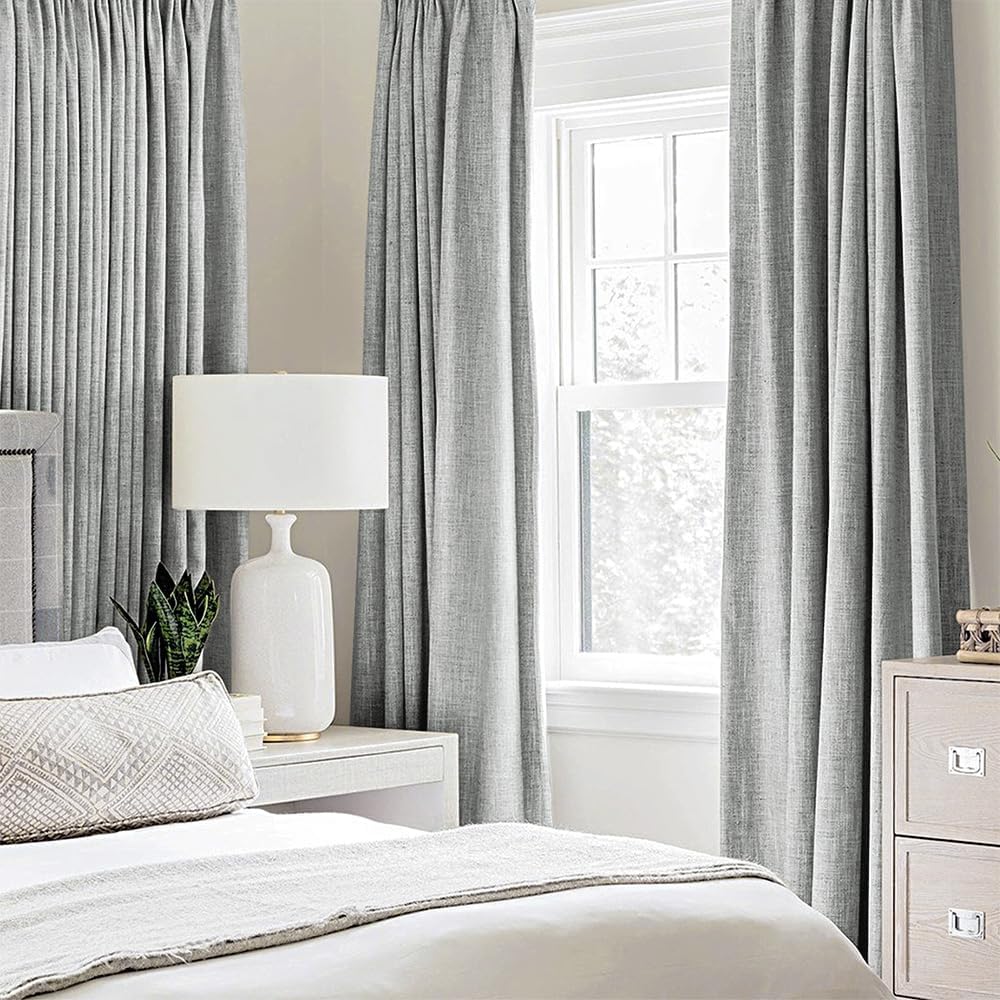 MIULEE Linen Curtains for Bedroom 100% Blackout Thermal Insulated Glacier Gray Grommet Room Darkening Curtains & Drapes for Living Room Nursery 52 x 90 Inch (2 Panels)