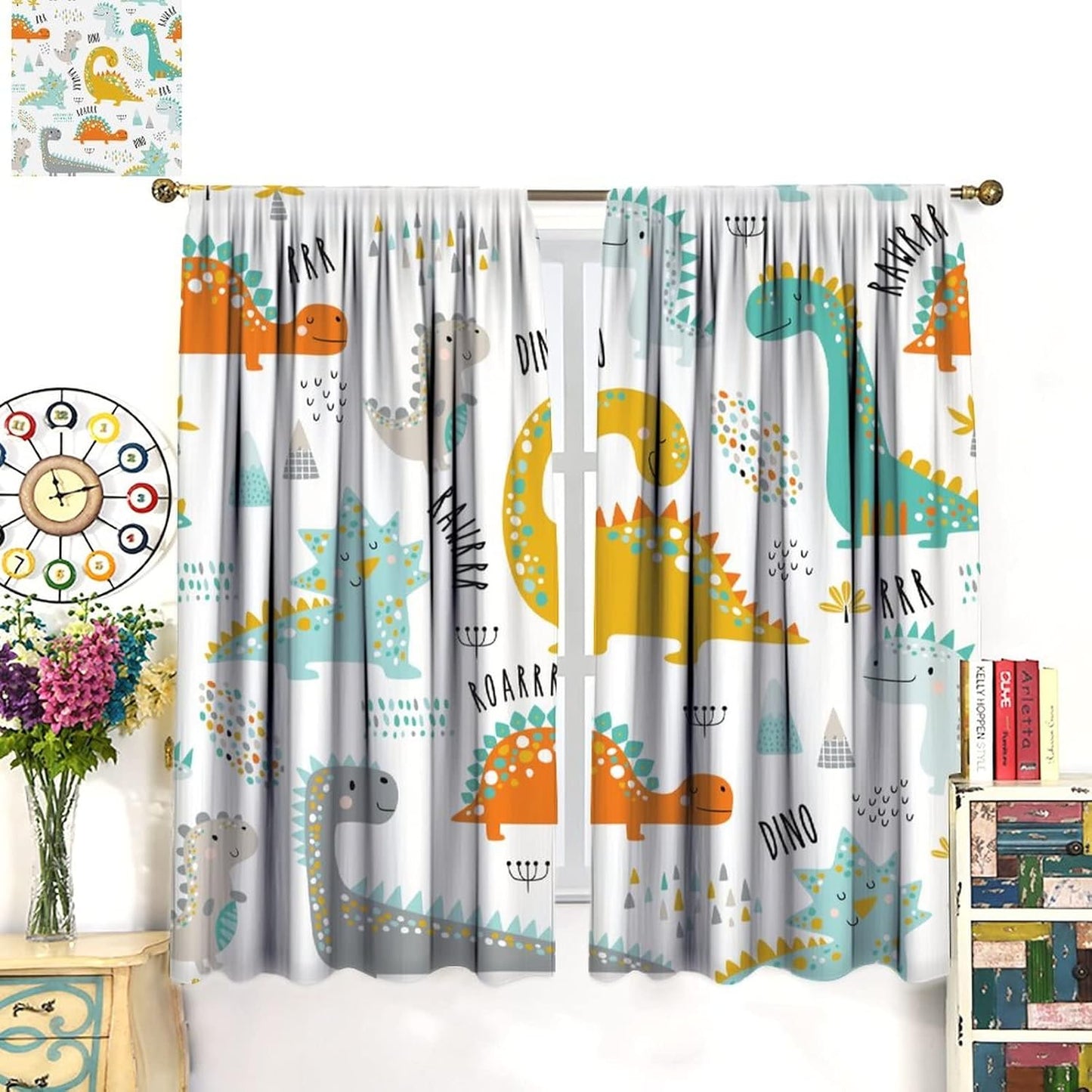 Dinosaur Curtains for Kids Boys Girls Home Decor Childish Cute Dino Animals Print Pattern Rod Pocket Blackout Window Drapes for Nursery Baby Bedroom Playroom W21xL63in 2 Panels