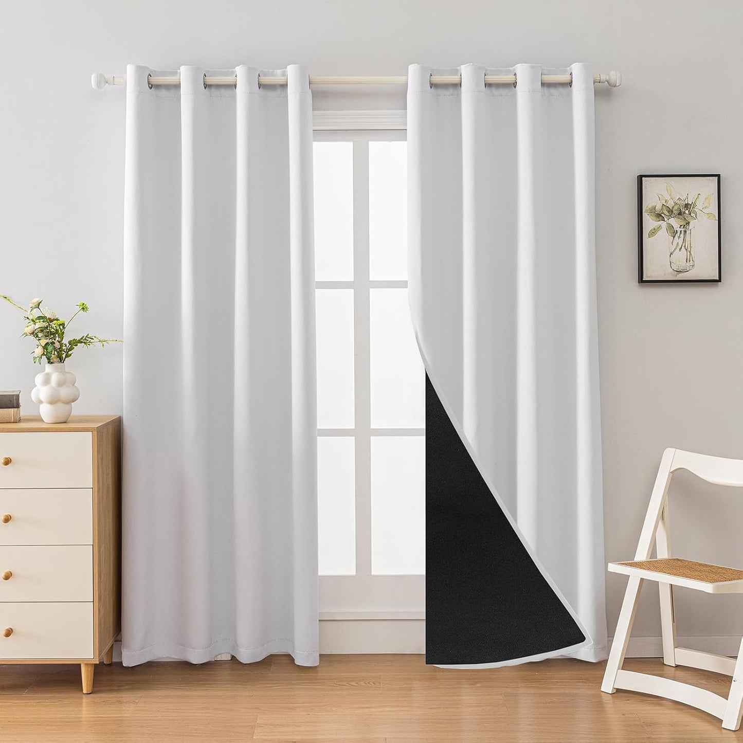 Anytime 100% Blackout Curtain Set, Thermal Insulated & Energy Efficiency Window Draperies for Guest Room, Full Shading Panels for Shift Worker and Light Sleepers（Greyish White, 2 Panels, 52W x 90L）