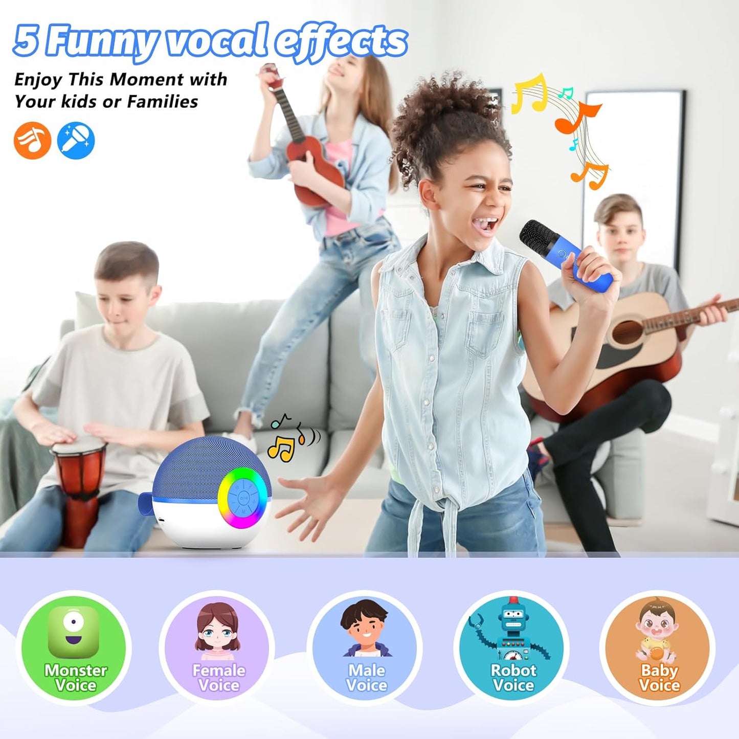 goopow Mini Karaoke Machine Speaker for Kids Adults, Portable Bluetooth Microphone Song Toys with LED Light, Best Chritmas Birthday Festival Gift for 3 4 5 6 7 8+ Year Old Girls Boys (Blue-2MIC)