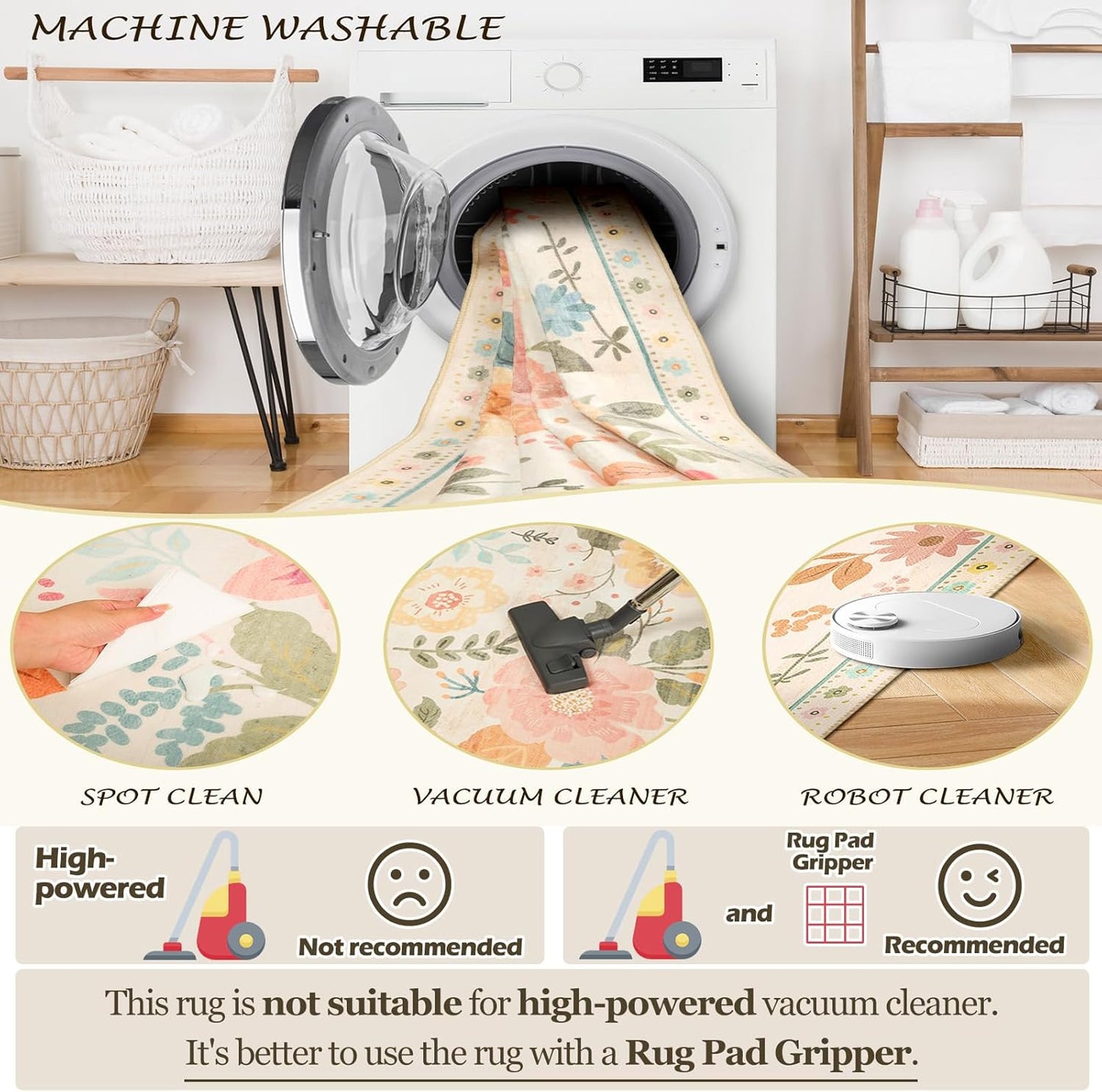 Floral 9x12 Area Rug Machine Washable Soft Print Boho Carpet Non Slip Doormat Low Pile Flower Area Rugs for Living Room Bedroom Nursery Kitchen Dining Room Indoor-Beige/White/Orange