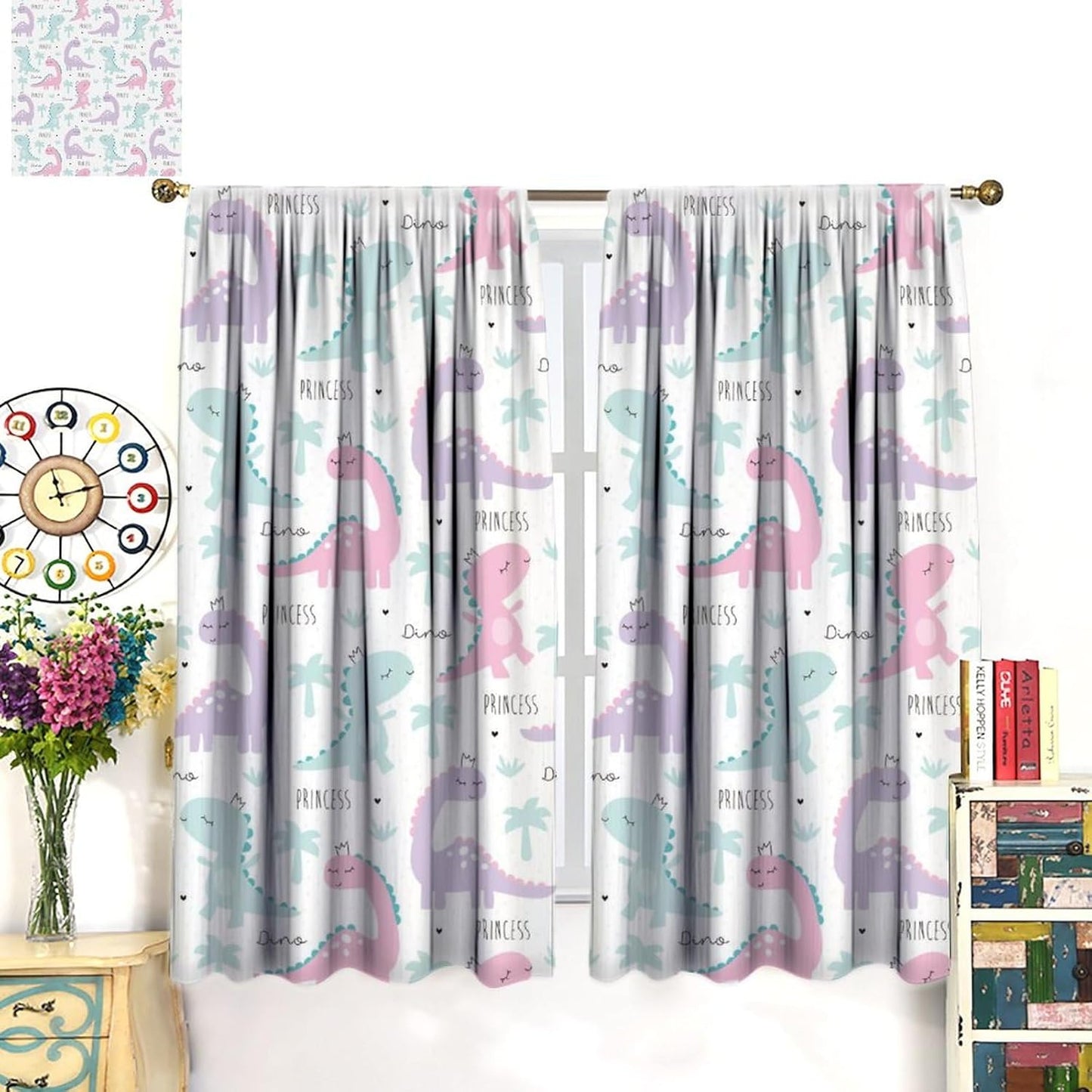 Kids Dinosaur Curtains for Boys Girls Bedroom Decor Cartoon Dino Colorful Cute Funny Animal Wildlife Printed Blackout Rod Pocket Window Drapes for Baby Nursery Playroom W27.5xL63in 2 Panels