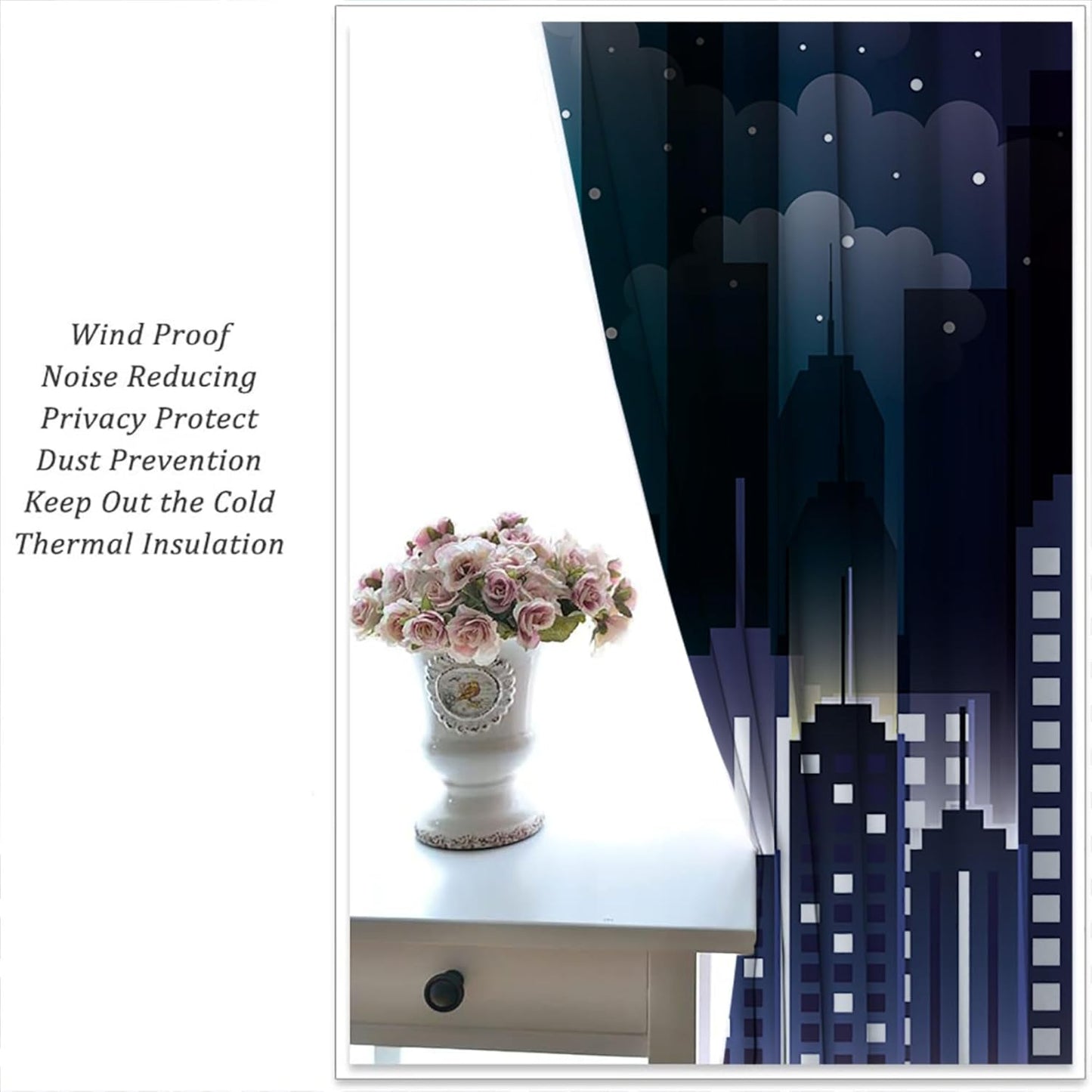 Superhero Rod Pocket Blackout Curtains for Boy Girl Bedroom, Violet Night Sky Buildings Cityscape Thermal Insulated Home Window Drapes for Living Room Darkening, 55x63 inch