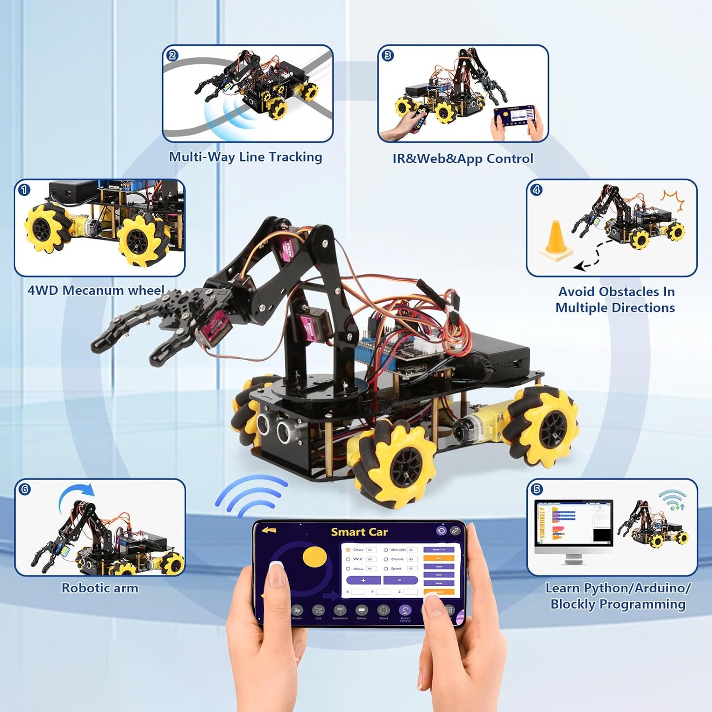 Robot Arm Expansion Pack Smart Car Starter Kit, Robotics Kit for Kids Ages 8-12 12-16, STEM Toys Coding Robot Kit for Teens & Adults(QD007)
