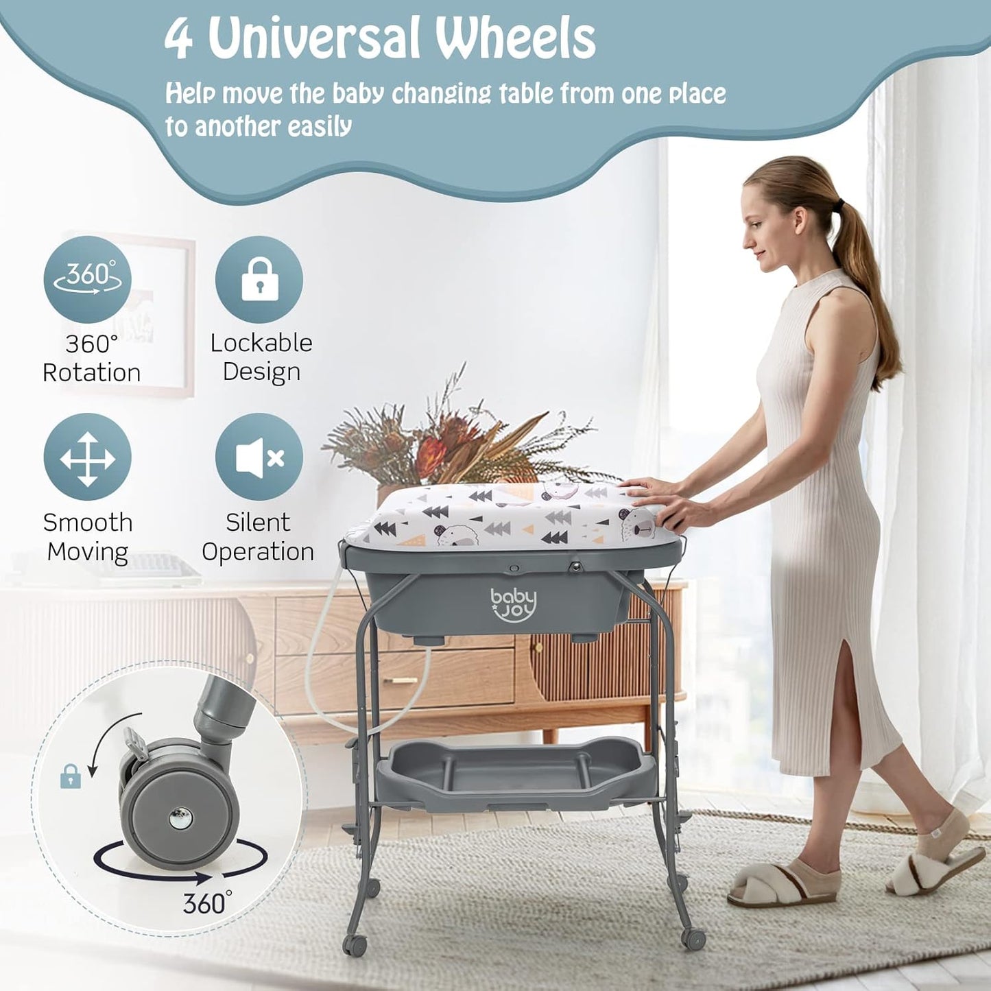 BABY JOY Baby Bathtub with Changing Table, Foldable Infant Diaper Changing Station with Storage Tray, Waterproof Pad, Portable Newborn Nursery Organizer Bath Stand with 4 Universal Wheels (Gray)