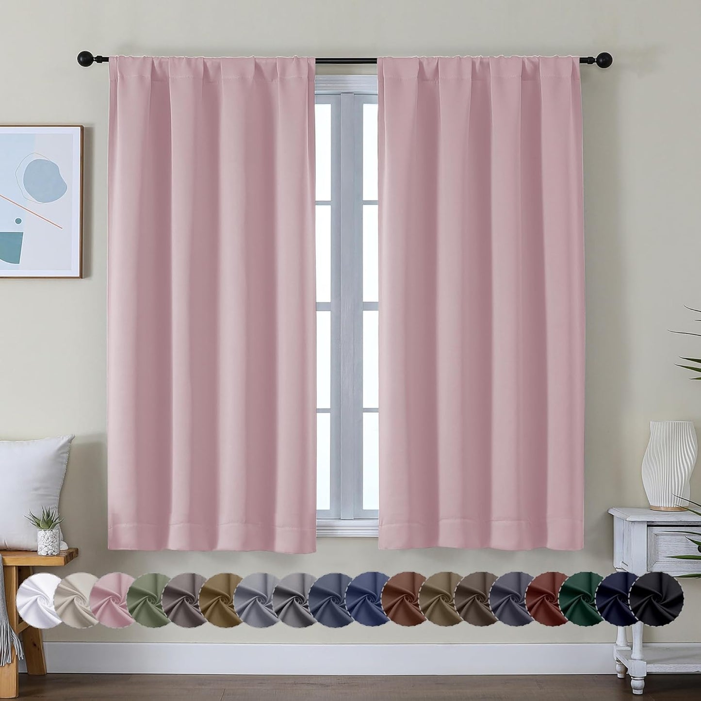 Simplebrand Ava Blush Short Blackout Curtains for Bedroom 54 Inches Long 2 Panels Set, Solid Thermal Insulated, Energy Saving Window Treatment Curtains Blackout Drapes, W40 x L54 Inch, Blush